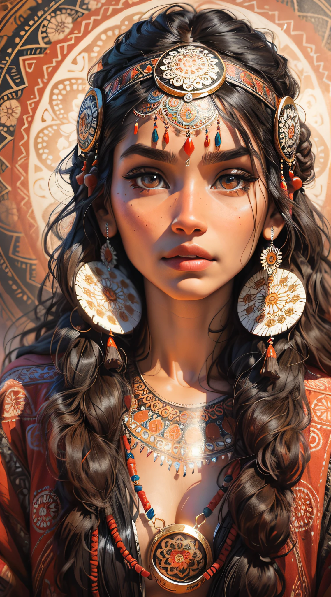 1Beautiful indigenous woman with Indian ornaments, deep gaze, sparkling eyes, in the background several mandalas and a beautiful and intricate totem