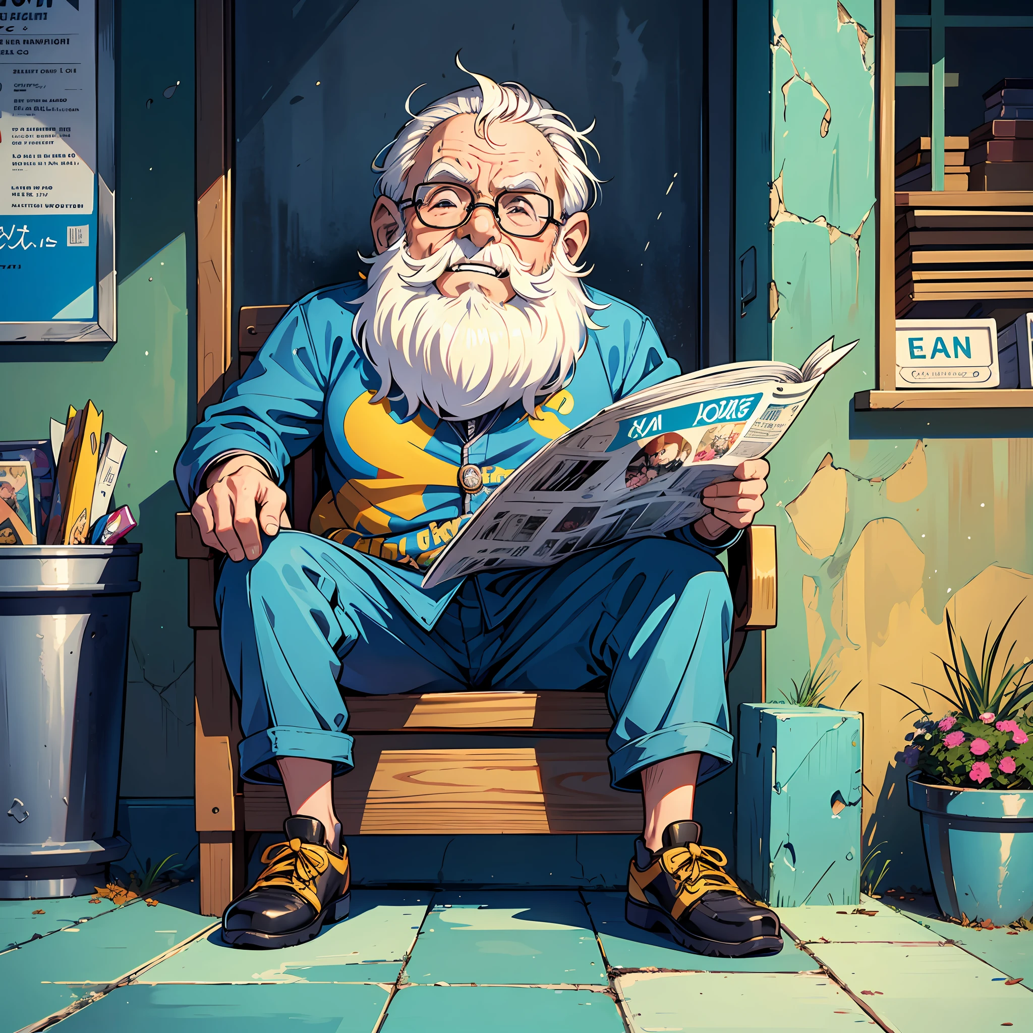 SeaArt Robot
Upscaling
00:41:50
(Mr. Ernesto:1.5), a 70-year-old gentleman, grumpy, with a characteristic laugh that echoes through the neighborhood, long white beard that has never been cut, blue pants and toothpick, sitting in a chair, reading newspaper typical scenario of a country town,.cartoom, anime pixar Disney move ,comic,book hero --auto --s2