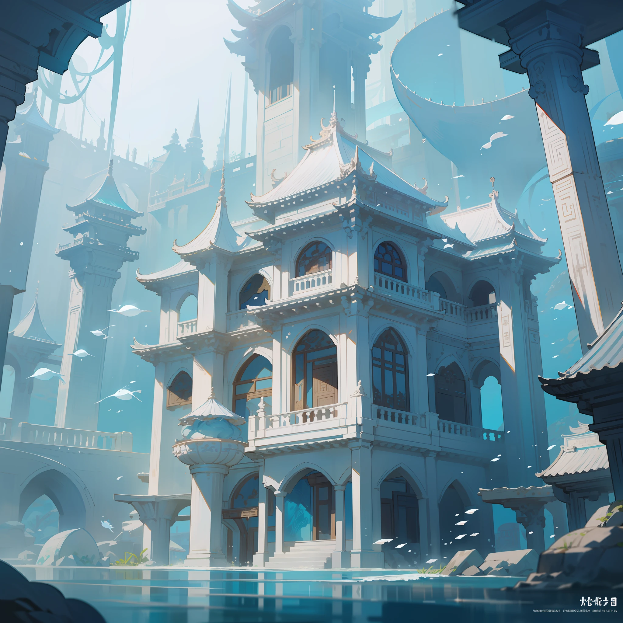 White Palace Under the Sea, Ancient Chinese Palace, Underwater, Bubbles, Currents, Splashing Splashes, (Illustration: 1.0), Epic Composition, Natural Light, HD Details, Masterpiece, Best Quality, (Very Detailed CG Unified 8k Wallpaper)