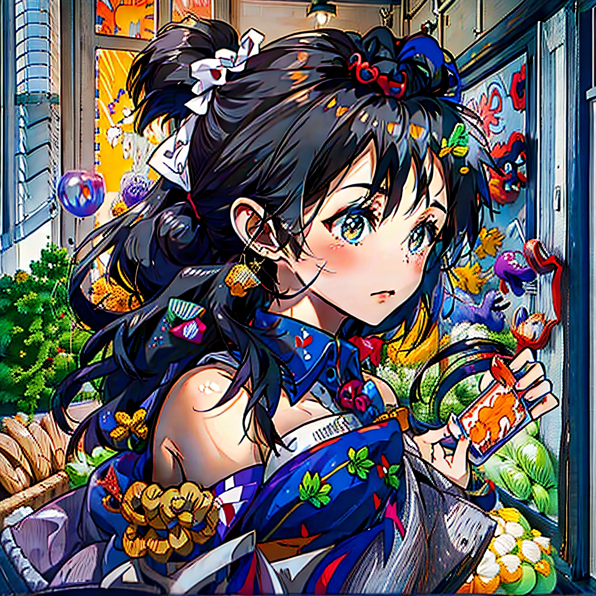 Single ponytail, black hair, royal sister, cute