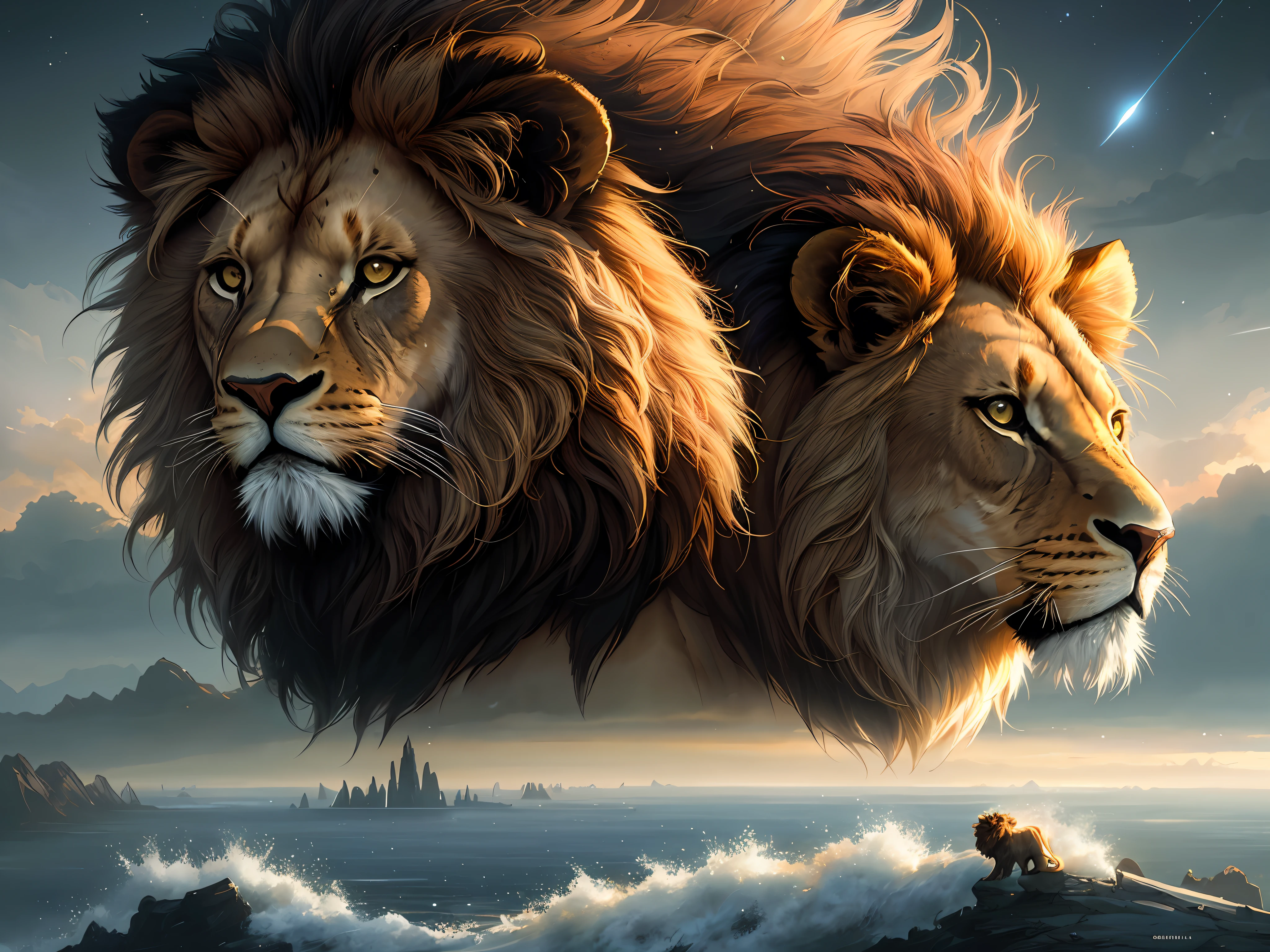 (Very detailed 8k CG unit wallpapers), panoramas of the most beautiful works of art from outer space with a lion, sci-fi spacescapes with a lion on the horizon, planets, Ed Blinkey, Atey Ghailan, professional majestic paintings from Studio Ghibli, Jeremy Mann, Greg Manchess, Antonio Moro, Trending on ArtStation, trend at CGSociety, intricate, High detail, sharp focus, dramatic, photorealistic painting art by Midjourney and Greg Rutkowski