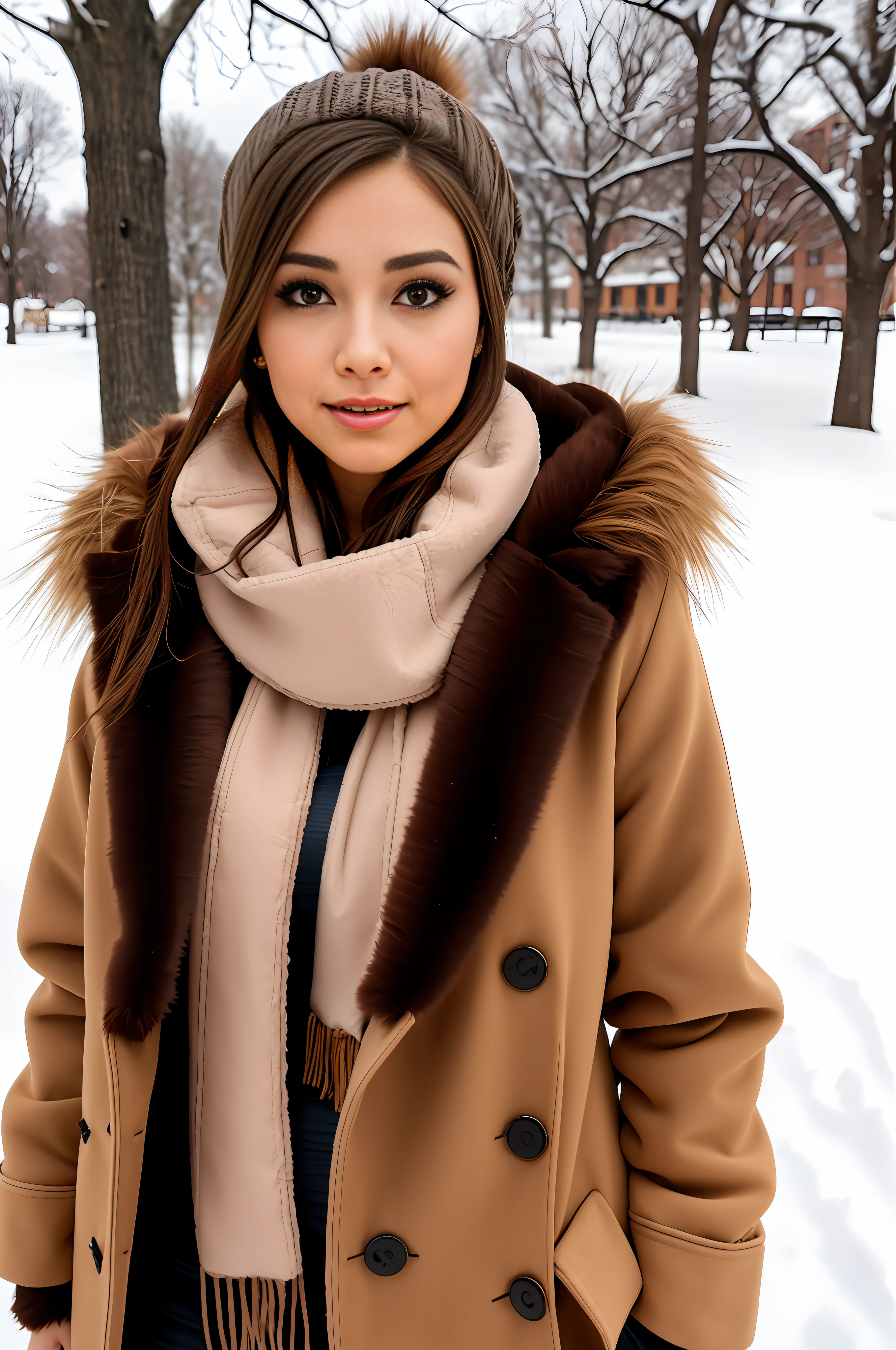 1 woman, bare_tree, brown_eyes, brown_hair, building, coat, cross_earrings, earrings, fur, fur trimmed_coat, fur_collar, fur_scarf, fur_trim, jewelry, lips, shorthair, looking_at_viewer, outdoor, snow, snow, solo, tree, upper_body, winter, winter_clothes, detailed_eyes, medium breasts, close arms, camera facing chest, out of ears, golden ratio face, golden ratio body, Top quality, ultra-high definition