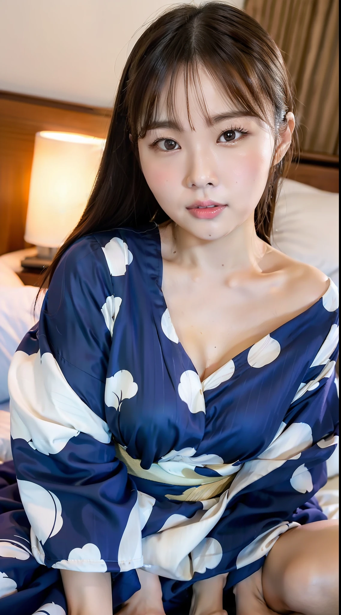 Top quality, fine details, ((beautiful one girl))), very detailed eyes and face, yukata, large tear bags, double eyelids, cheeks, sweat, embarrassment, lying on the bed, sitting sideways, fluffy chest, clean legs
