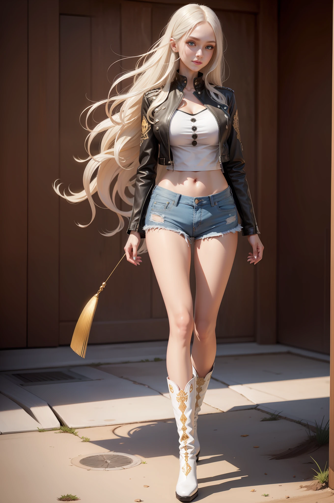 saika1, white pointed embroidered cowboy boots, black cropped leather jacket, denim shorts, full body, masterpiece, best quality, realistic, realistic, super detailed, photo, realistic, best quality, beautiful sexy woman, long hair, smile, melon seed face, perfect body ratio, tall figure, long legs, golden ratio body, beautiful appearance, beautiful big eyes, 9 head body, eye shadow.