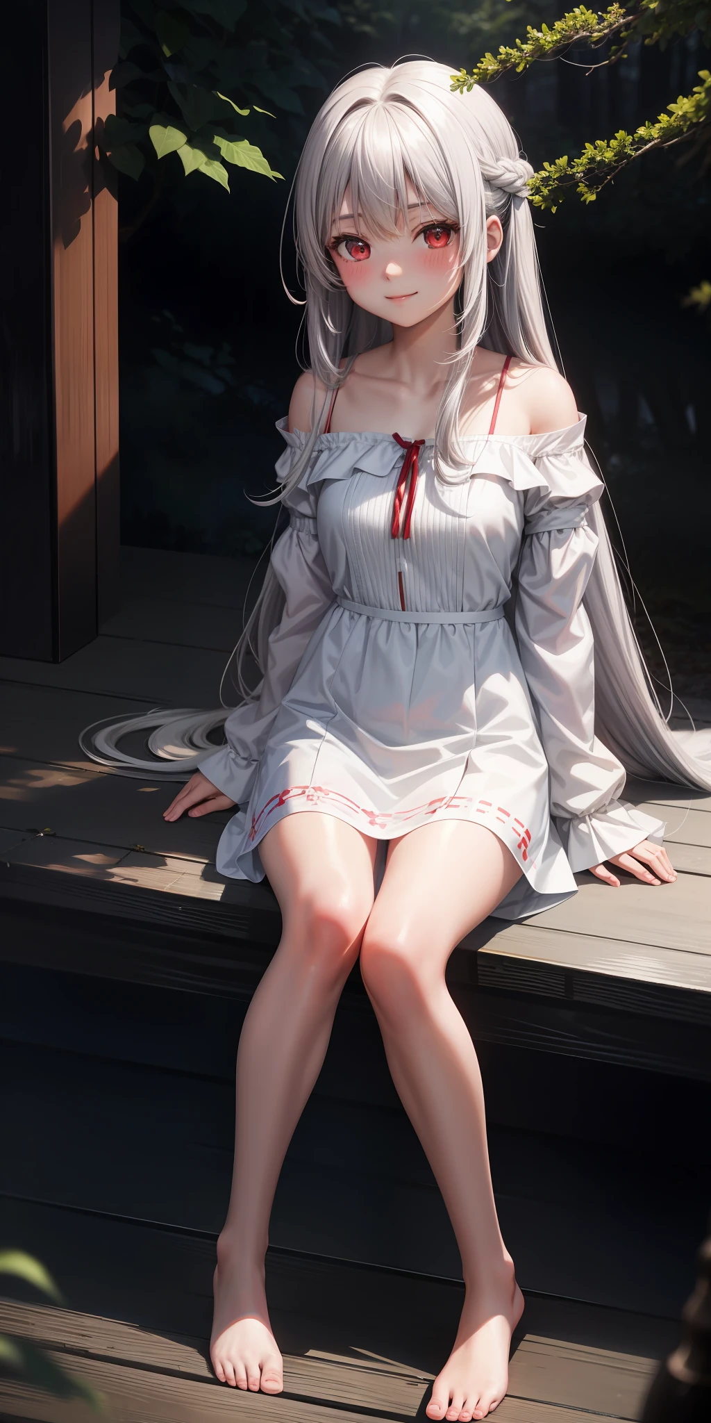 anime, girl alone, gray hair, long hair, red eyes, upper eyes, blush, japanese room, sitting, white dress, off shoulder, in the woods, little smile