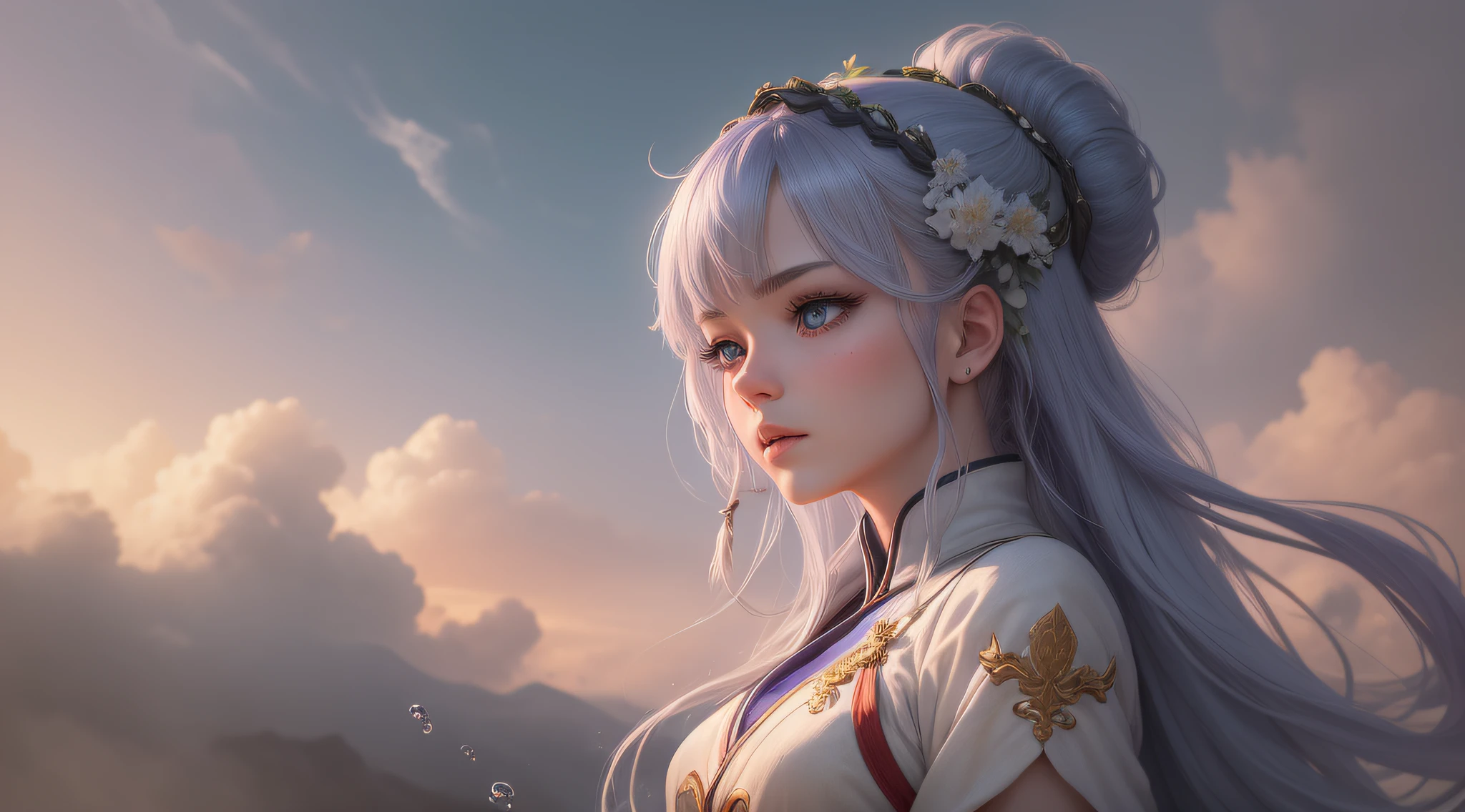An exquisite masterpiece with the best quality and ultra-detailed CG unity in an 8k wallpaper format. The beautiful and delicate scene shows a blue-eyed, dynamic girl in high-resolution with multicolored hair including silver hair boosted by 1.3, red hair boosted by 1.2, purple hair, yellow hair boosted by 1.3, and green hair boosted by 1.3. She's wearing white wuxia clothes and a neck ribbon, and is posed in a dynamic angle with too many drops of water, clouds, twilight, wide shot, and a watercolor style.
