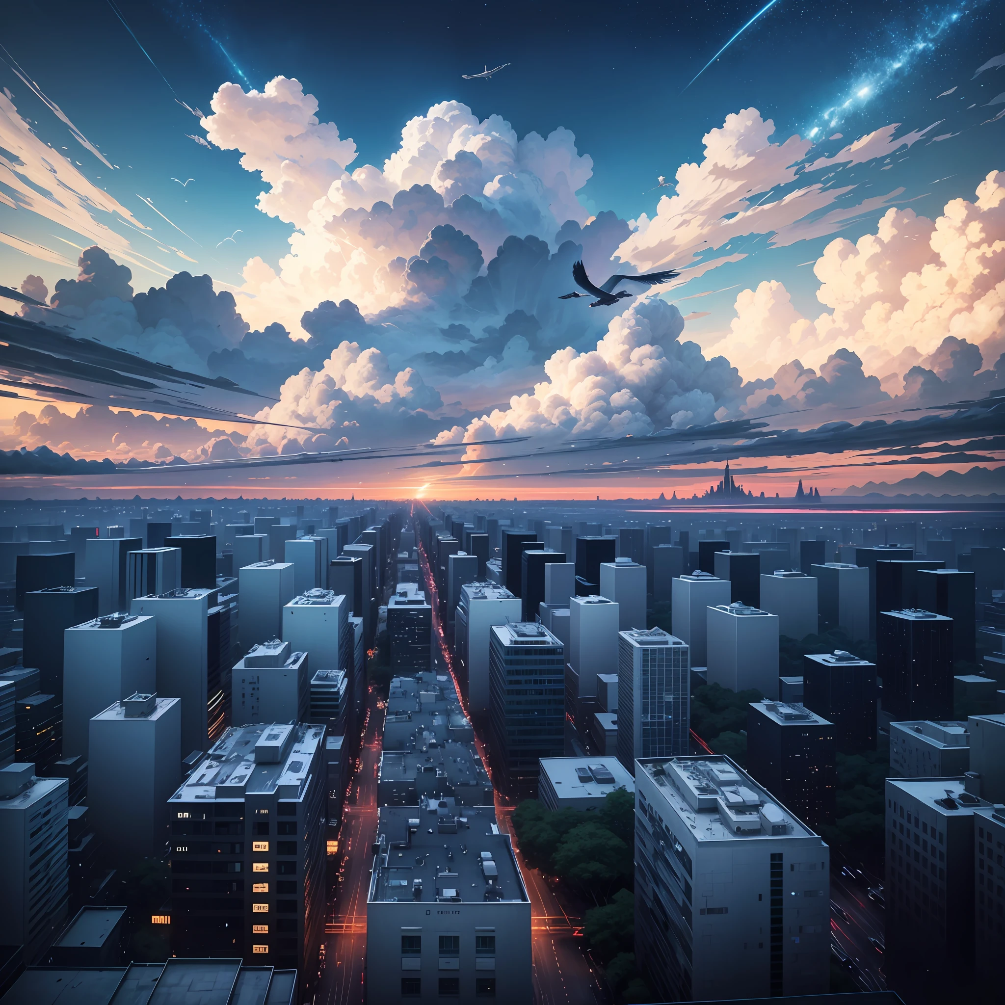 (3D:0.5,realistic:0.5,photorealistic:0.5),(absurdres,Super-resolution,masterpiece,best quality,finely detailed,absurdres:1.2), dramatic light, dramatic illumination, cinematic, anime scenery, makoto shinkai, ghibli, fantasy world, magical, beautiful sky, clouds, building, cars, airplane trail, birds, dramatic lighting, cinematic lighting --auto --s2