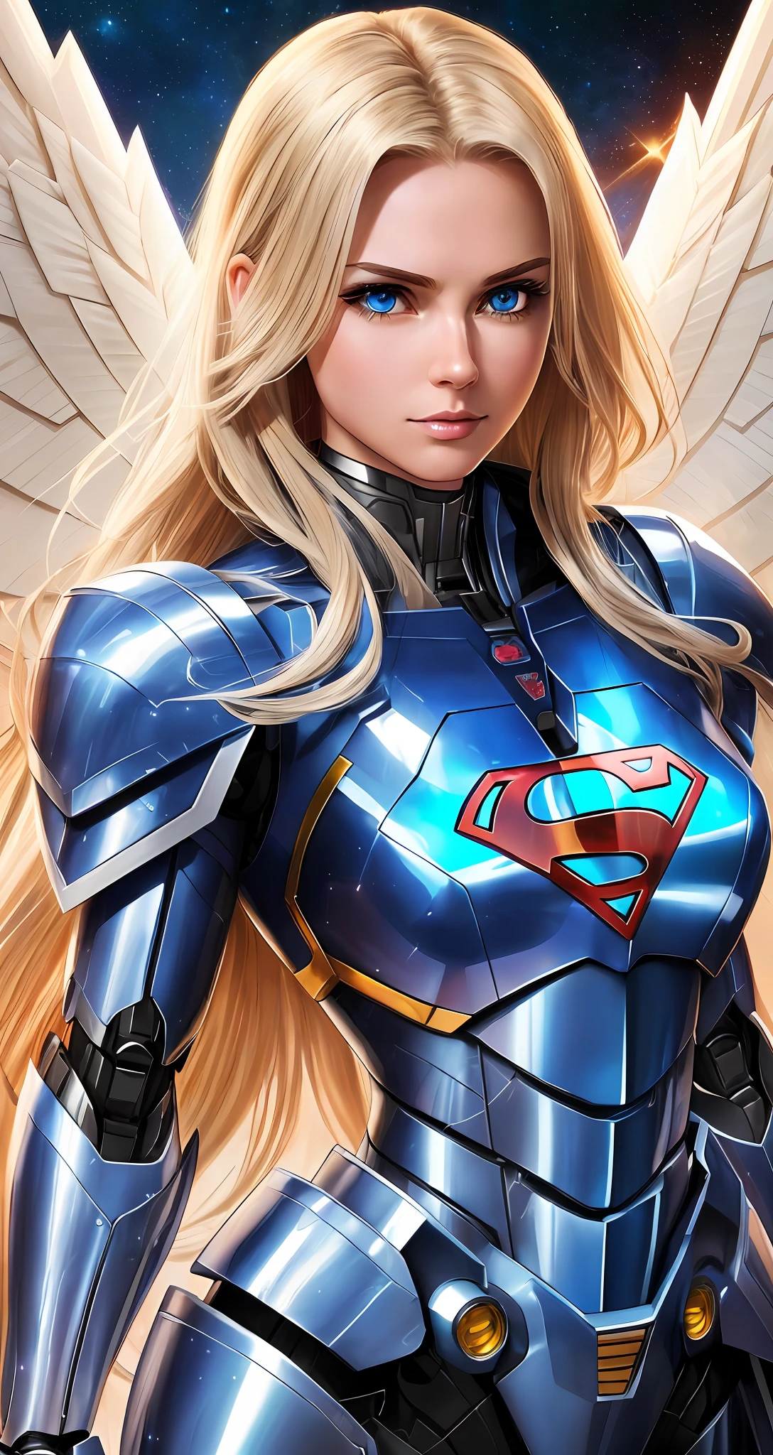 Beautiful Supergirl, 4K, High Resolution, Masterpiece, Best Quality, Clear Focus, (Movie Lighting), Clavicle, [:( Facial details: 1.2:0.2], (Mecha Woman, Invincible Mecha), Broken Armor Shock, Long White Hair, Robotic Arm, Ceramic Exoskeleton, (Bird-like Wings: 1.4, Mechanical Wings: 1.5, Eagle Wings: 1.4), Heavy Armor, Slightly convex chest, (Gorgeous Universe, Planet Background), Extreme Cosmic Storm Style, Translucent and Reflective Skin, The world's best image quality of ultra-8K, unlimited freedom to display the dynamic posture of the mecha,   exquisite facial features, surreal feel, (realism: 1.5). Blue eyes, long-haired blonde, wearing Superman's S on her chest. --auto --s2
