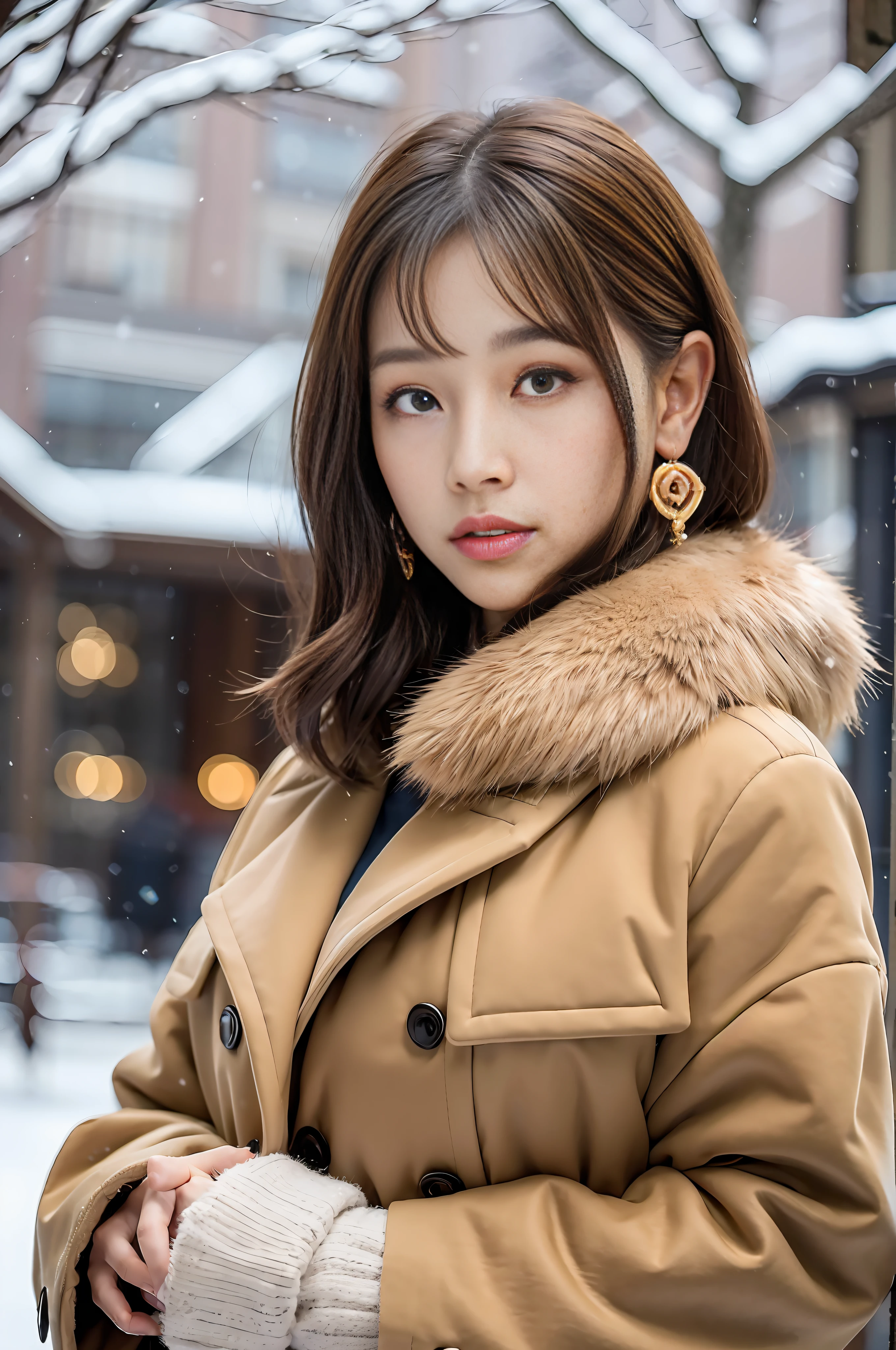 1 woman, bare_tree, brown_eyes, brown_hair, building, coat, cross_earrings, earrings, fur, fur trimmed_coat, fur_collar, fur_scarf, fur_trim, jewelry, lips, shorthair, looking_at_viewer, outdoor, snow, snow, solo, tree, upper_body, winter, winter_clothes, detailed_eyes, medium breasts, close arms, camera facing chest, out of ears, golden ratio face, golden ratio body,   Top quality, ultra-high definition