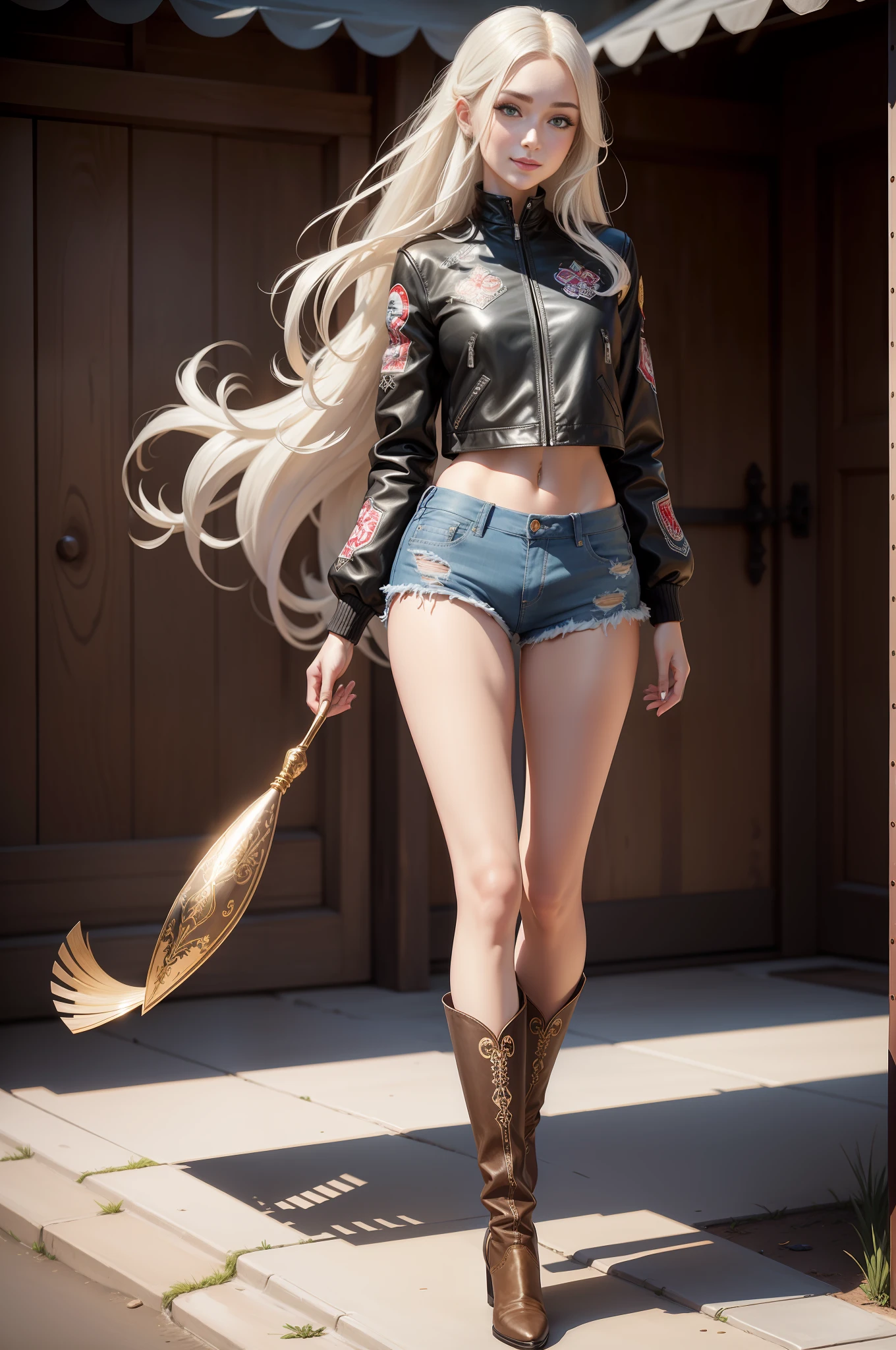 saika1, white pointed embroidered cowboy boots, black cropped leather jacket, denim shorts, full body, masterpiece, best quality, realistic, realistic, super detailed, photo, realistic, best quality, beautiful sexy woman, long hair, smile, melon seed face, perfect body ratio, tall figure, long legs, golden ratio body, beautiful appearance, beautiful big eyes, 9 head body, eye shadow.