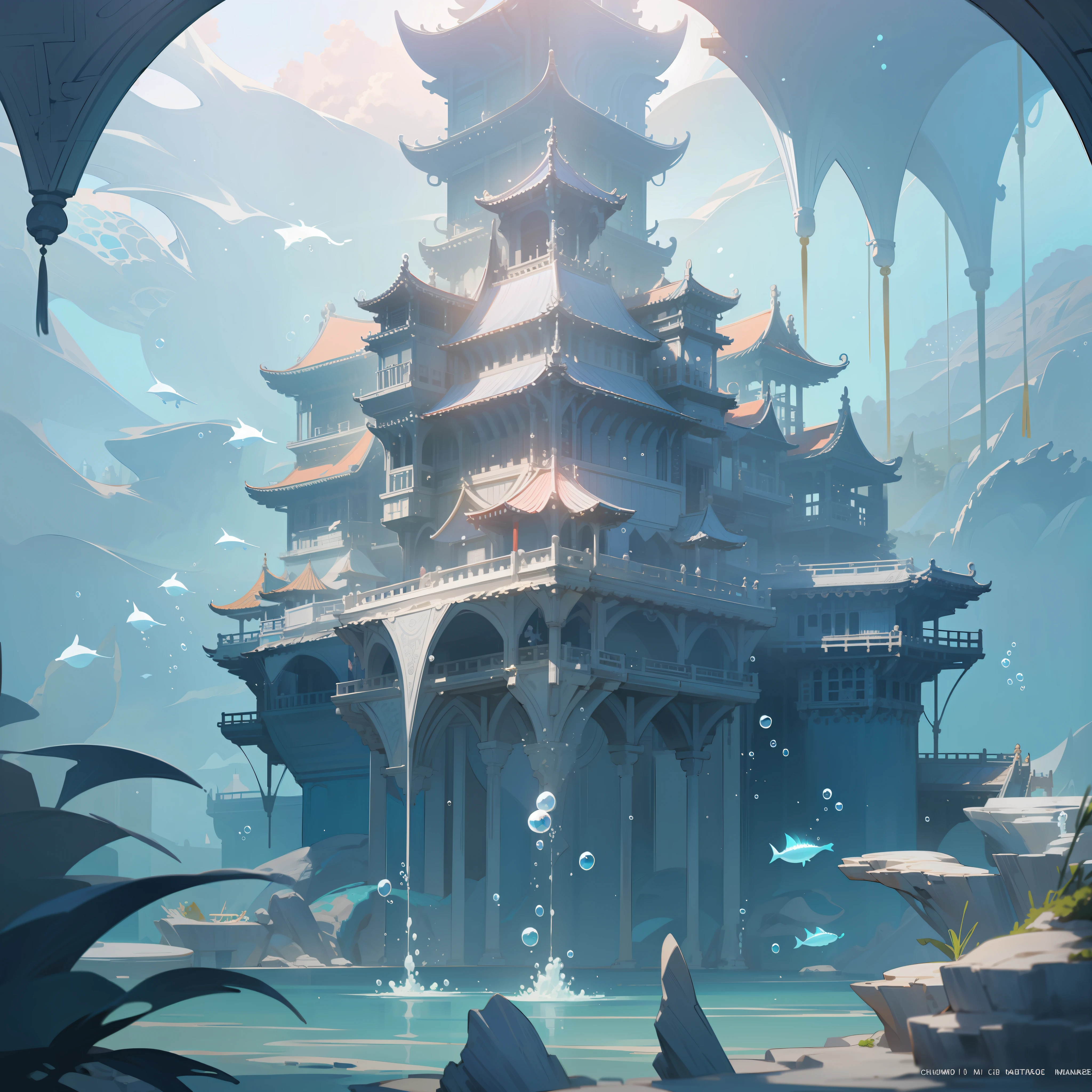 White Palace Under the Sea, Ancient Chinese Palace, Underwater, Bubbles, Currents, Splashing Splashes, (Illustration: 1.0), Epic Composition, Natural Light, HD Details, Masterpiece, Best Quality, (Very Detailed CG Unified 8k Wallpaper)