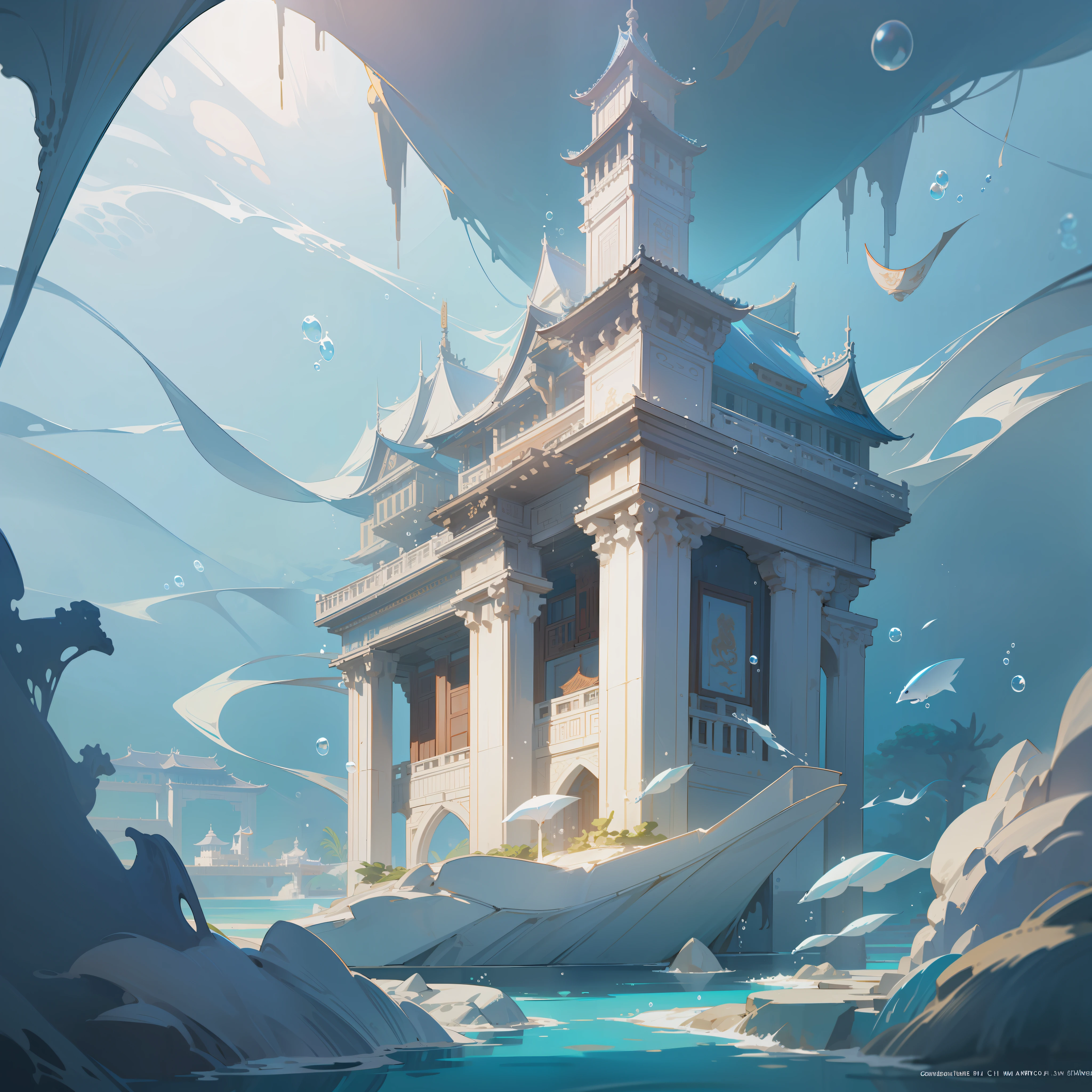 White Palace Under the Sea, Ancient Chinese Palace, Underwater, Bubbles, Currents, Splashing Splashes, (Illustration: 1.0), Epic Composition, Natural Light, HD Details, Masterpiece, Best Quality, (Very Detailed CG Unified 8k Wallpaper)