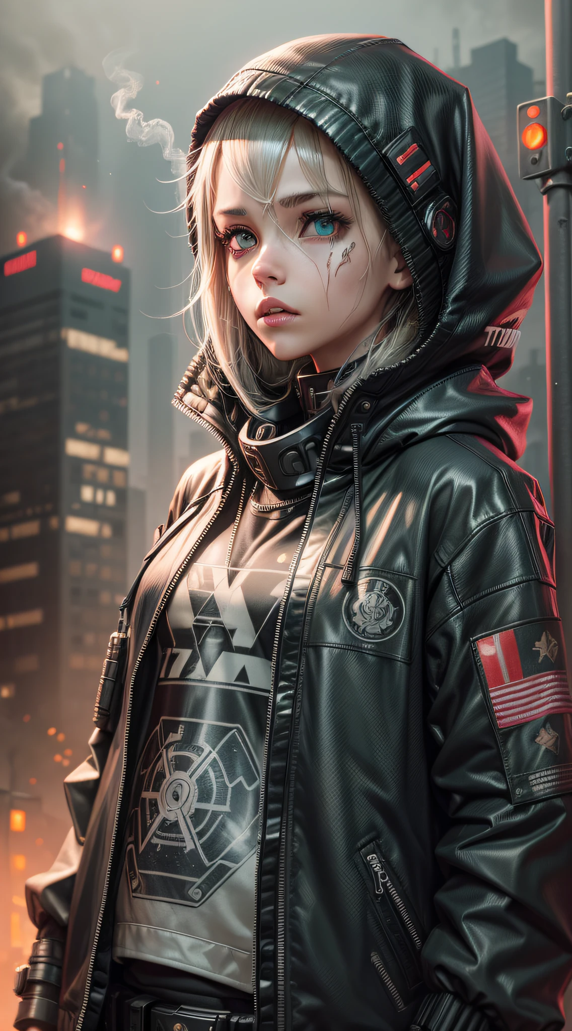 1Girl(techwear jacket,hood,neck tattoos and arm tattoos) in post-apocalypse world with a robot, ruined city, smoke, fog, lights