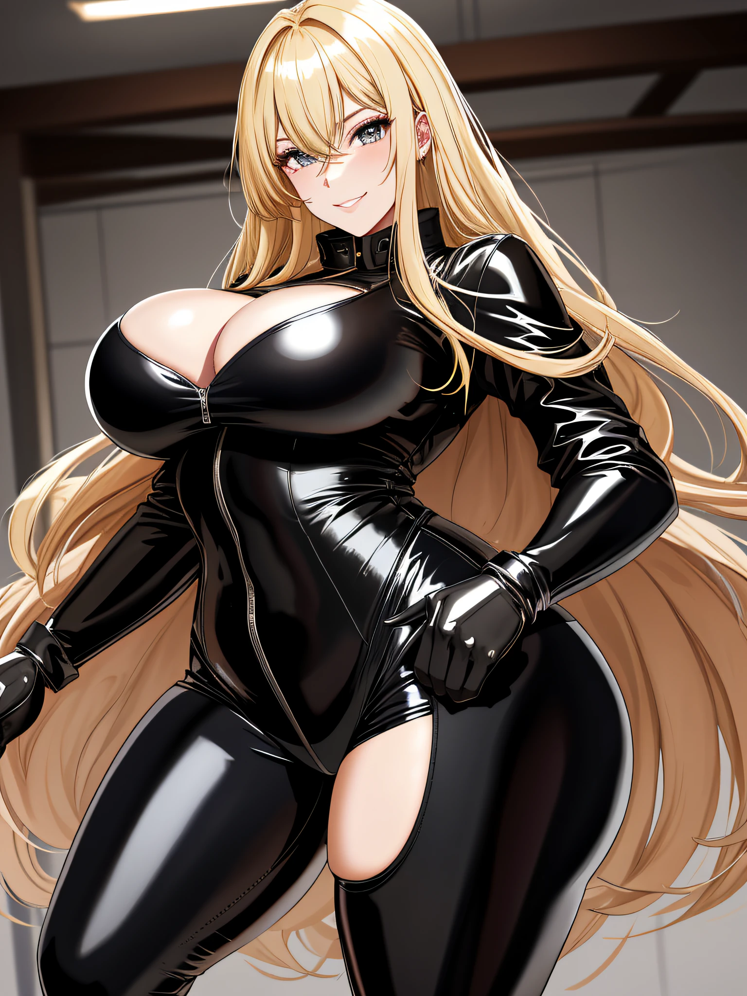 a young girl,beauty,tight latex clothing,masterpiece,busty breasts,plump buttocks,blonde messy long hair,girlish,shiny eyes,bright smile,slim,shiny high heels,panoramic,focus on lower body,leather gloves,straight nose,in the dark torture room,beautiful girl,Sexy,sense of reality,8k,high definition,high quality,