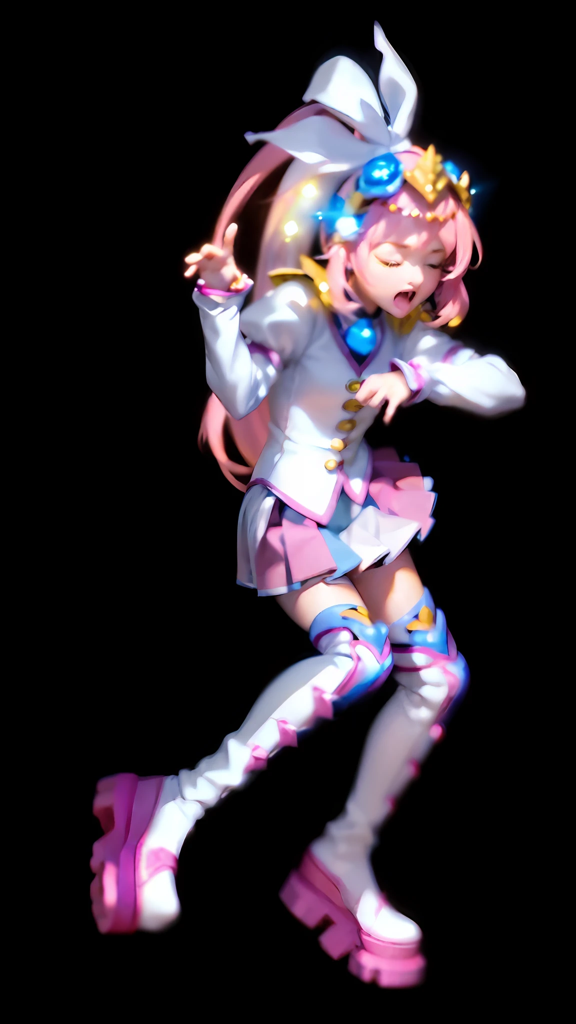 ((Lora+QuickHand: 1.2), (Masterpiece: 1.5), (Best Quality: 1.5), 8K Resolution, (Perfect Hand: 1.5), a girl's beautiful expression of screaming and crying with her eyes closed, (pink hair: 1.3 + single ponytail), (white top: 1.2), (pink pleated skirt: 1.2), (pink over-the-knee socks: 1.2), (white boots: 1.2), (no background: 1.5), (slender legs: 1.2)) , light source on the right"