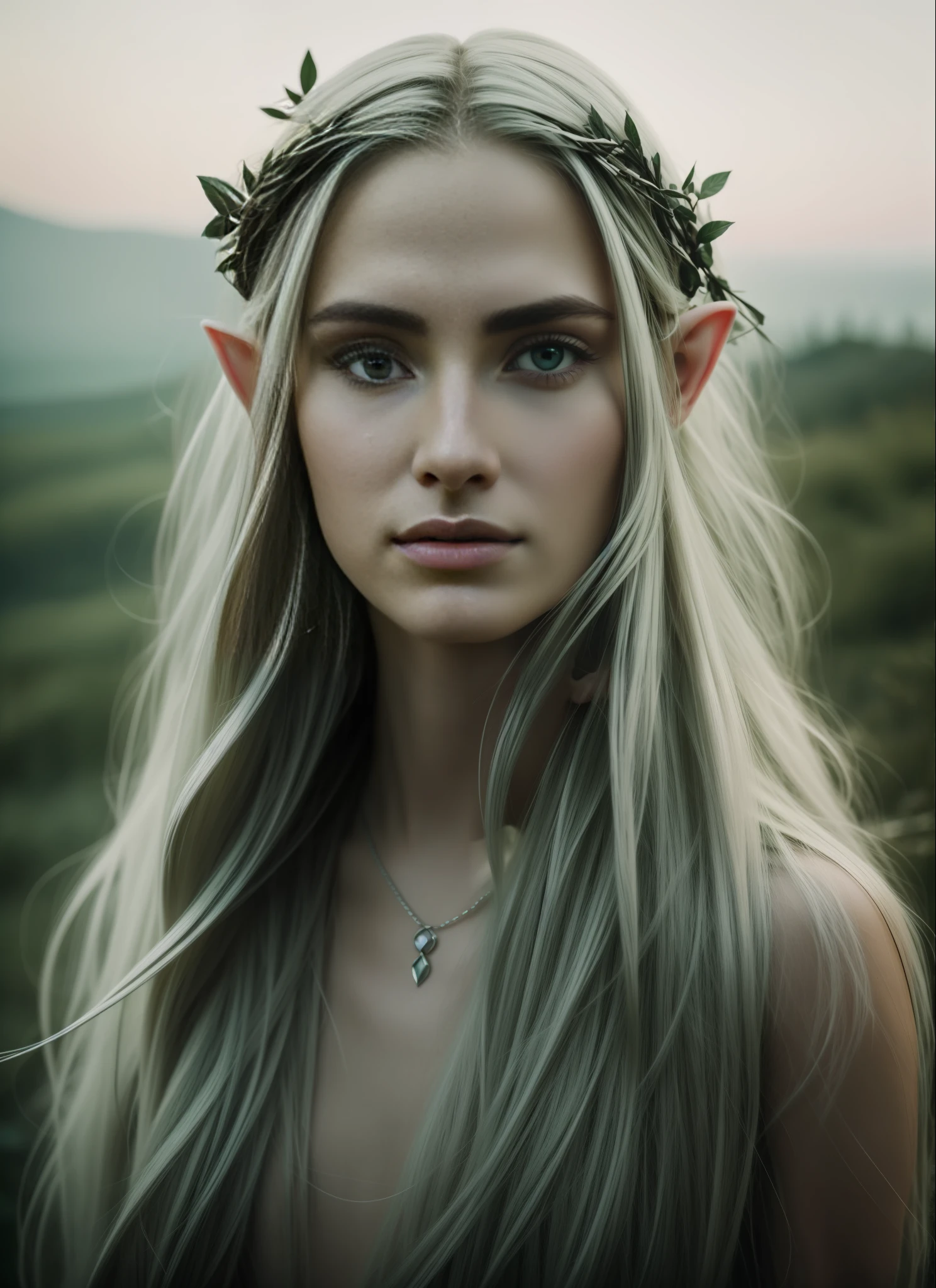 beautiful Elf woman arwan,inspired by the lord of the ring,dressed like a White Elf style,Happy expression on face,on the mountain,(long shot:1.5), angelic, beautiful face,(harsh light on skin:1.2), (hard shadows, dark theme, unlit, dim lighting, deep contrast:1.1), (Annie Liebovitz portrait photography), Mint and coral aesthetic dark theme, (skin imperfections, freckled:0.4),natural lighting, extremely realistic, 8k, insane details, intricate details, beautifully color graded,color Grading, Editorial Photography, Photography,sharp focus, taken with a 60mm lens, ISO 300, f/4, 1/200th