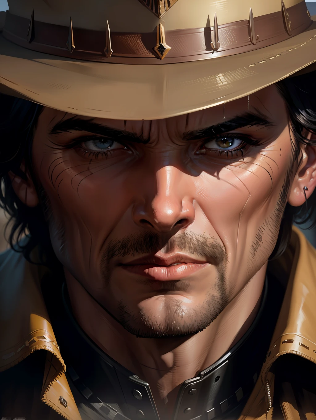 Extreme close-up to a face of a sheriff, dramatic style of Frank McCarthy, iconic Western movie poster, cinematic lighting