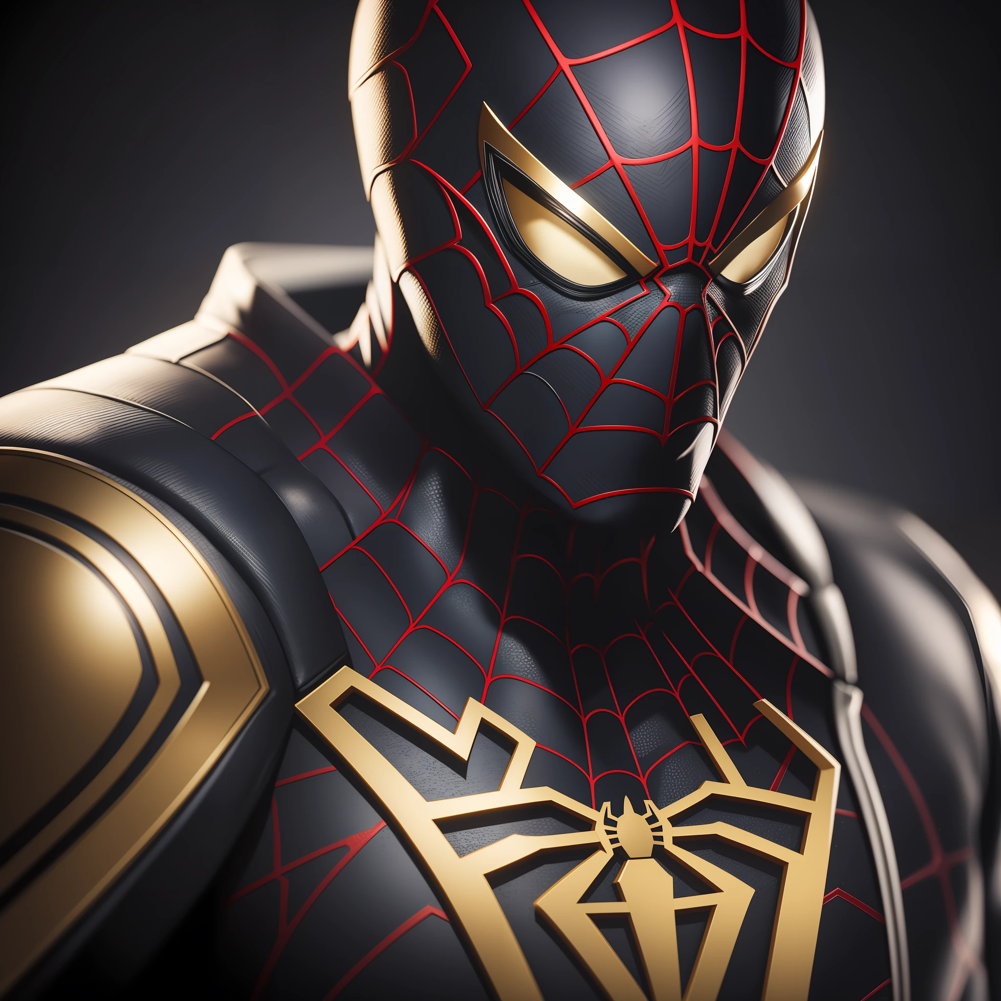 a dark portrait of Spider-Man in black uniform with gold details, octane render, 8k cinematic