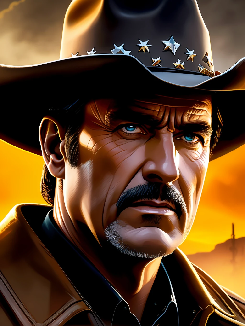 Extreme close-up to a face of a sheriff, dramatic style of Frank McCarthy, iconic Western movie poster, cinematic lighting
