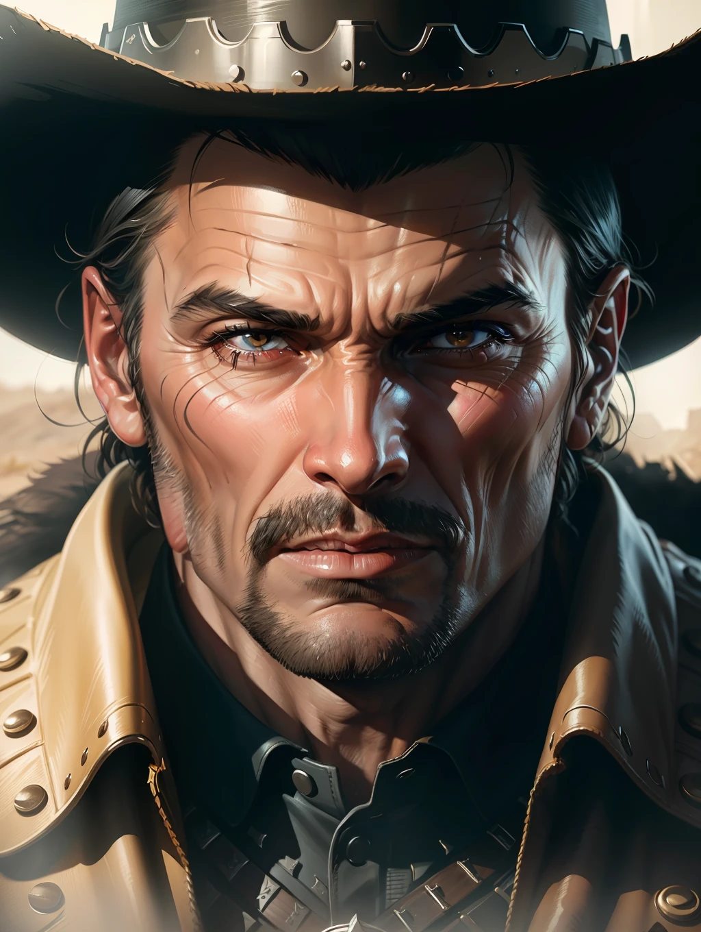 Extreme close-up to a face of a sheriff, dramatic style of Frank McCarthy, iconic Western movie poster, cinematic lighting