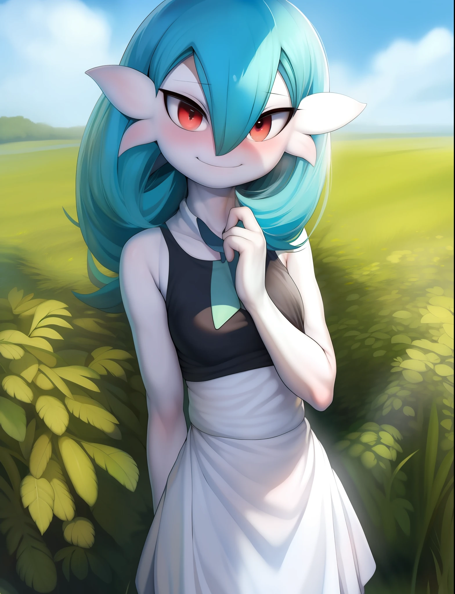 by totesfleisch8, (by syuro:0.2), chee-riee, gardevoir, simple background, blue hair, colored skin, white skin, outdoors, grass, upper body, smile, blush, black shirt, standing, sky, day,