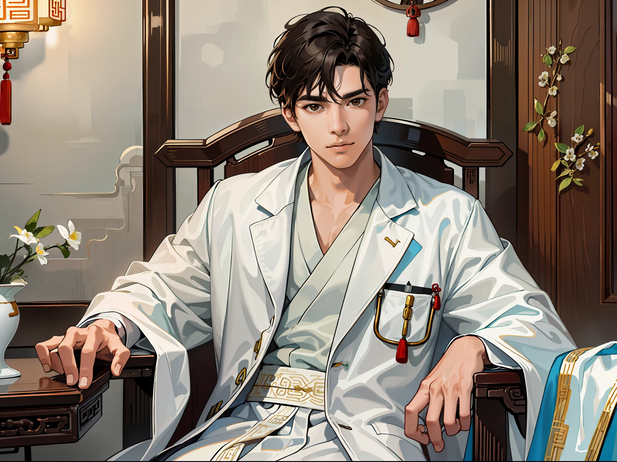 (ridiculous, high resolution, super detailed, realistic,), 1 male, solo, 20 years old, tangled expression, sitting in a chair, tall, extremely short hair, black hair, brown eyes, thick eyebrows, hospital room, doctor, white robe, white coat, room, ancient Chinese decoration style room, ancient Chinese style furniture