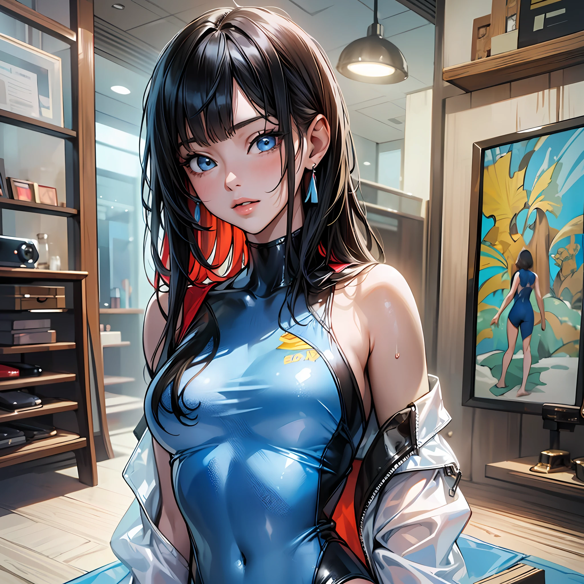 (8k), (best quality), (masterpiece: 1.2), (realistic), (photorealistic: 1.37), super detailed, one girl, viewer is watching, full body, 25 years old, light blue and gradient one-piece swimsuit with red and yellow
