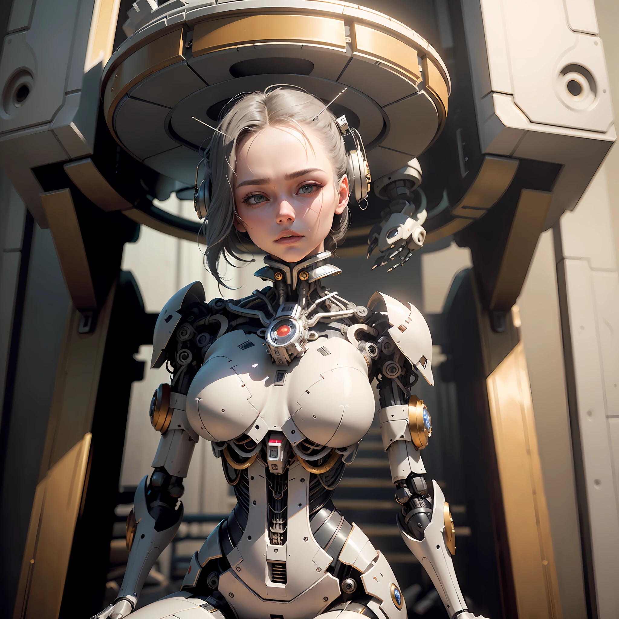 (reelmech:1.5), ,complex 3d render ultra detailed of a beautiful porcelain profile woman android face, seductive pose, garden setting, cyborg, robotic parts, 150 mm, beautiful studio soft light, rim light, vibrant details, luxurious cyberpunk, lace, hyperrealistic, anatomical, facial muscles, cable electric wires, microchip, elegant, beautiful background, octane render, H. R. Giger style, 8k, best quality, masterpiece, illustration, an extremely delicate and beautiful, extremely detailed ,CG ,unity ,wallpaper, (realistic, photo-realistic:1.37),Amazing, finely detail, masterpiece,best quality,official art, extremely detailed CG unity 8k wallpaper, absurdres, incredibly absurdres, robot, silver halmet, full body, sitting