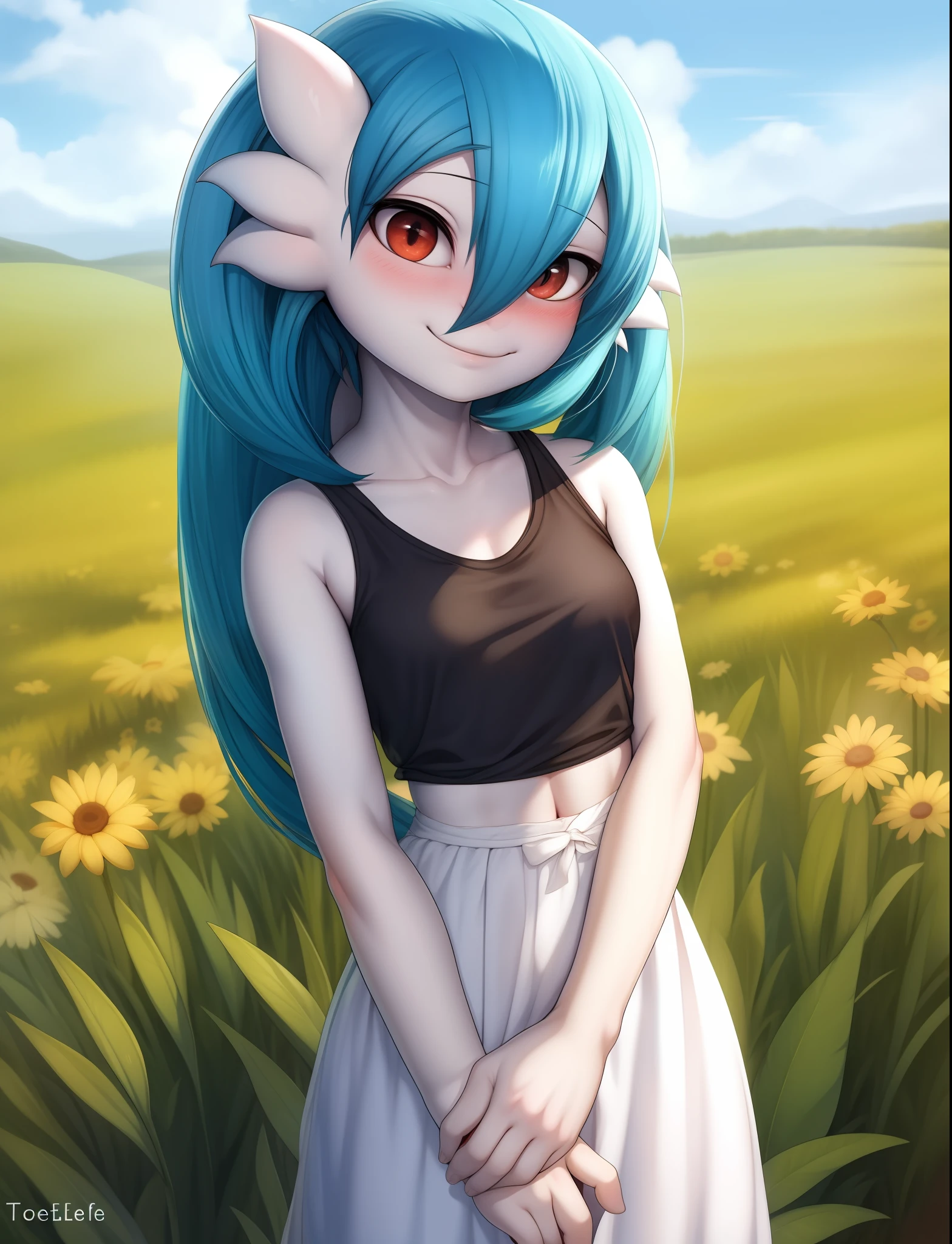 by totesfleisch8, (by syuro:0.2), chee-riee, gardevoir, simple background, blue hair, colored skin, white skin, outdoors, grass, upper body, smile, blush, black shirt, standing, sky, day,