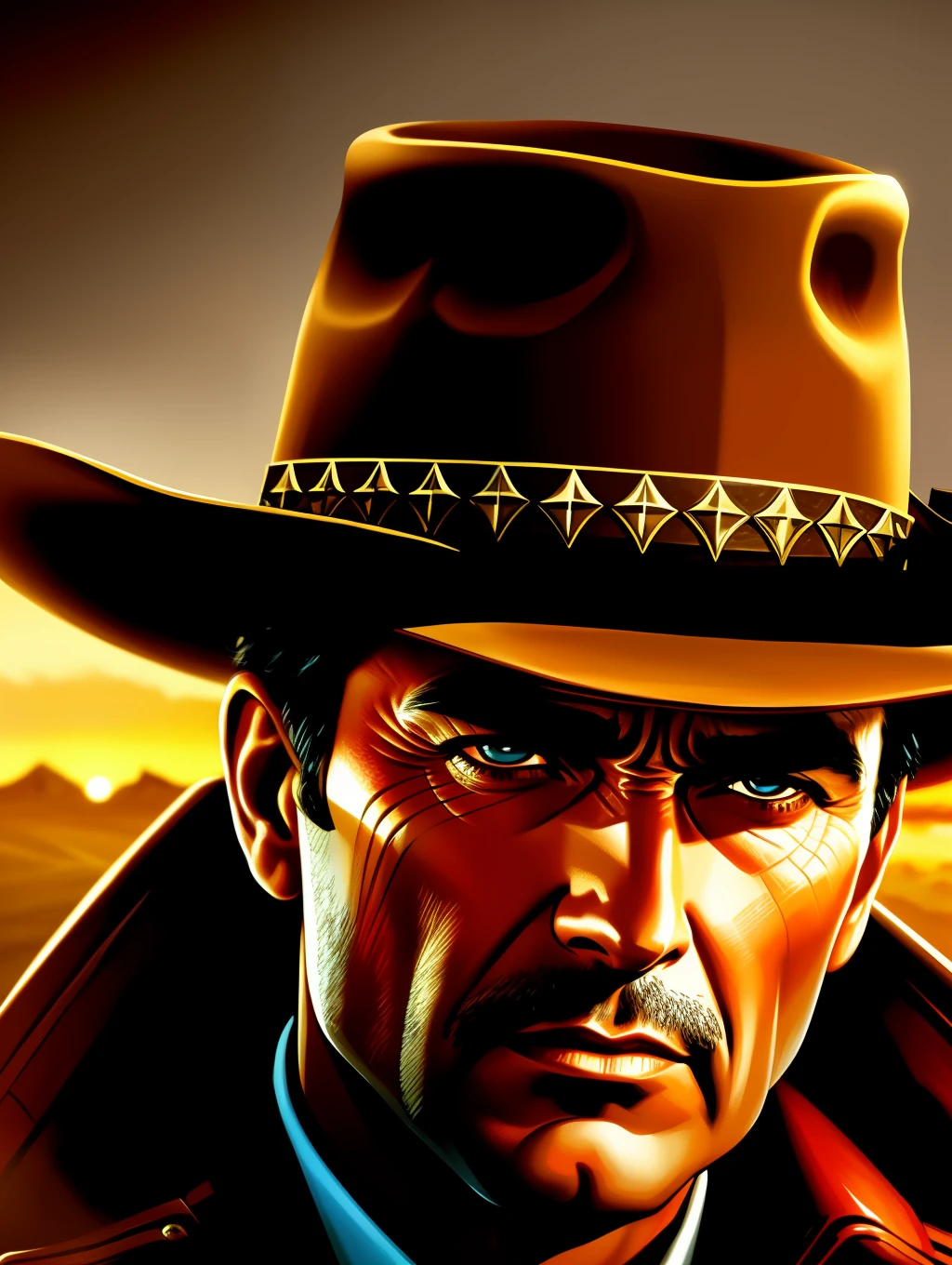 Ultra Extreme close-up to a face of a sheriff, dramatic style of Frank McCarthy, iconic Western movie poster, cinematic lighting