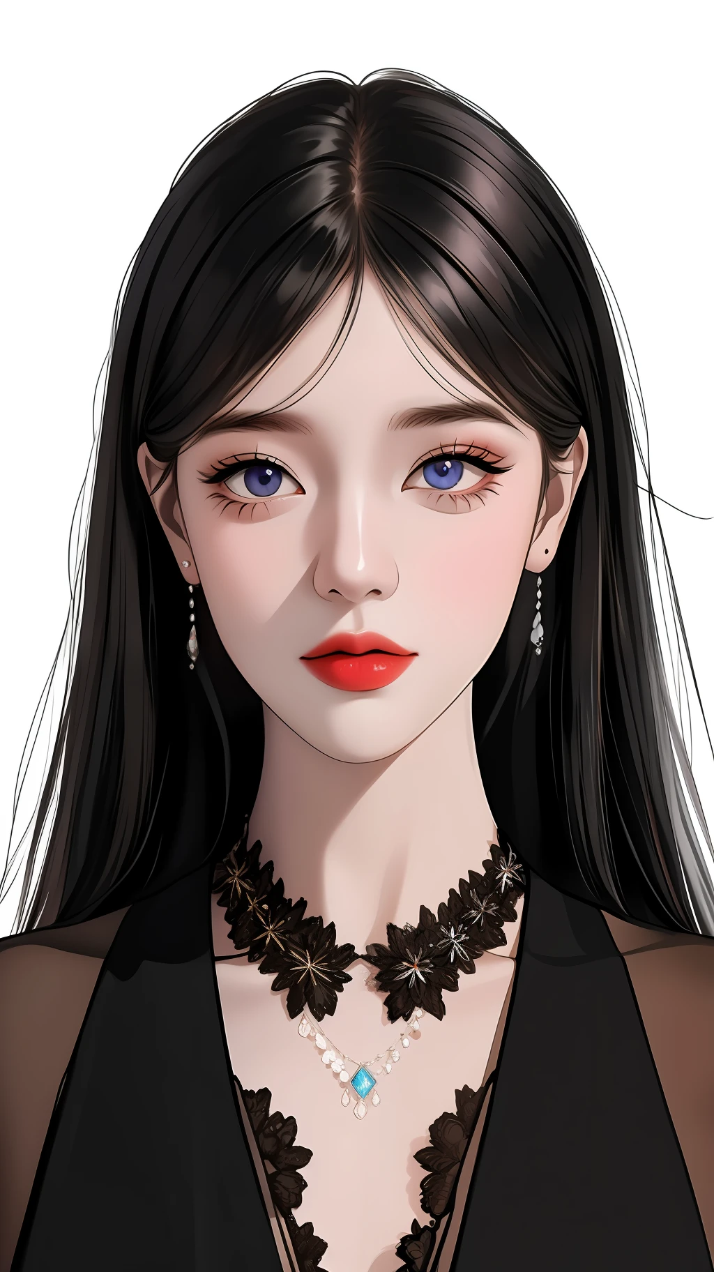 A woman with long black hair wearing a black dress and a necklace ...