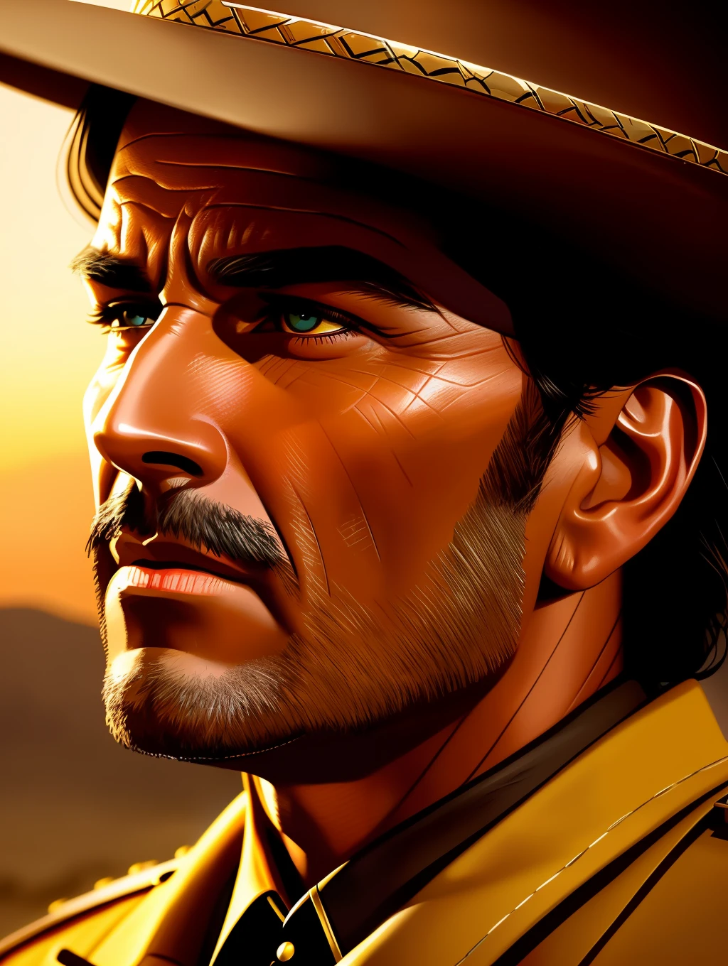 Ultra Extreme close-up to a face of a sheriff, dramatic style of Frank McCarthy, iconic Western movie poster, cinematic lighting