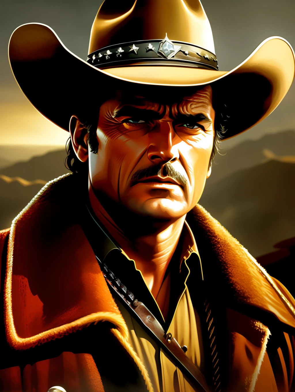 Extreme close-up to a face of a sheriff, dramatic style of Frank McCarthy, iconic Western movie poster, cinematic lighting