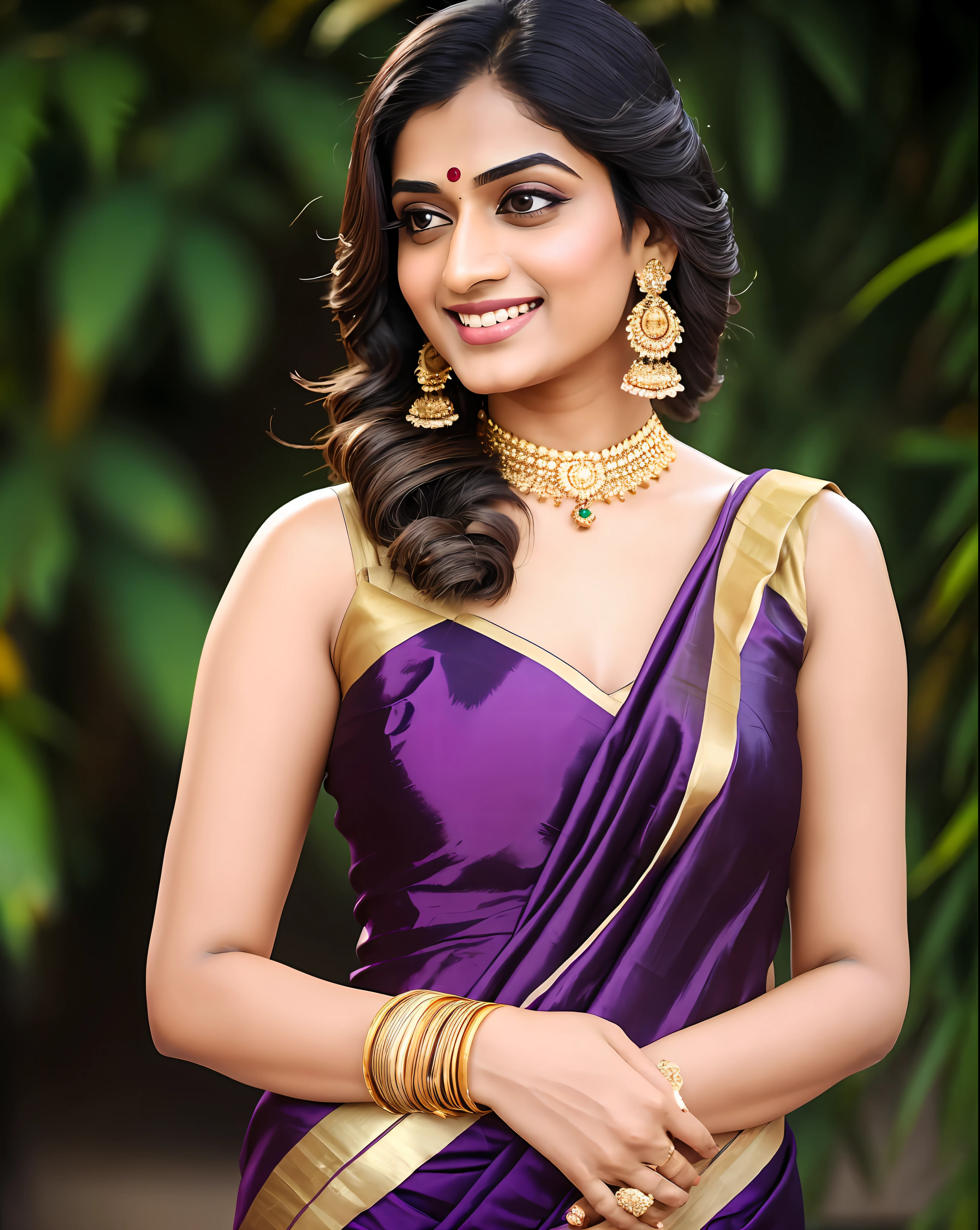 Kriti in a gold sari and purple blouse, wearing gold jewellery, traditional beauty, exclusive, very attractive and beautiful, with lovely look, photo taken with sony a7r camera, with a seductive smile, shiny gold