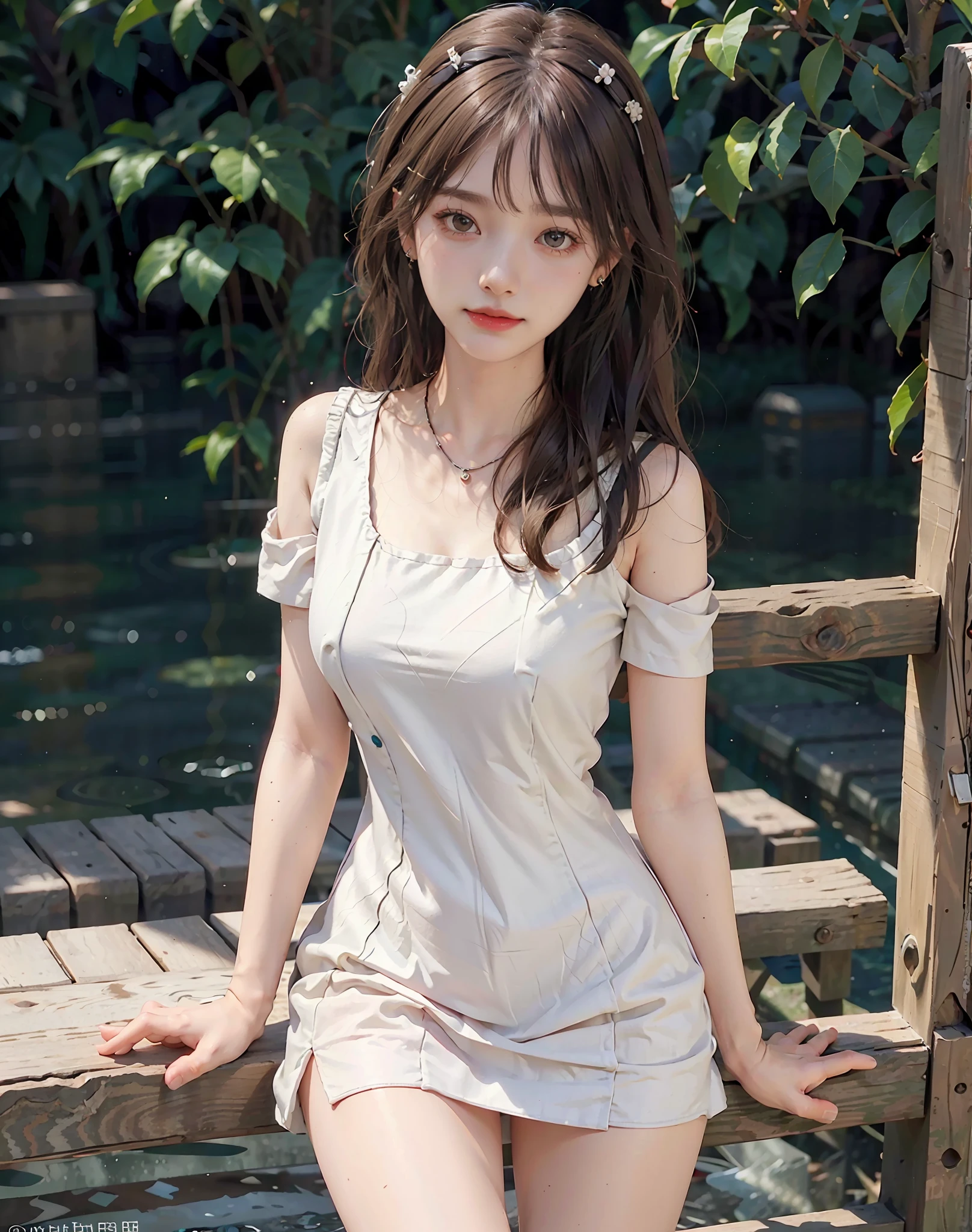 8k,(RAW photo),(best quality), (photo-realistic:1.4),realistic skin texture 1girl,Cute,Double eyelid,bangs,full body,petite,Thin leg,(Slender figure),slim,smile,headgear,earrings,necklace,looking at looking at viewer,face focus,depth of field,club ,(Bust Up Shot:1),Bokeh,,