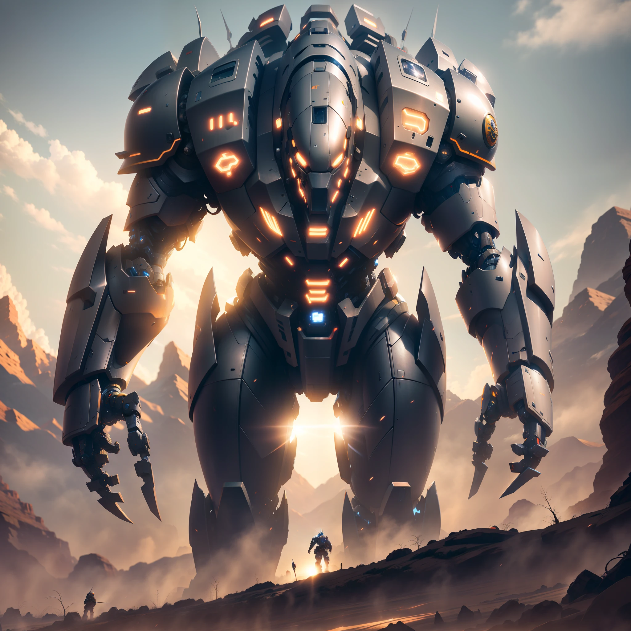a giant mecha in action pose, close top view dark FANTASY, OCTANE RENDER, scifi movie scene, DRAMATIC LIGHTING, DIGITAL PAINTING, 4K, 8K, UNREAL ENGINE
