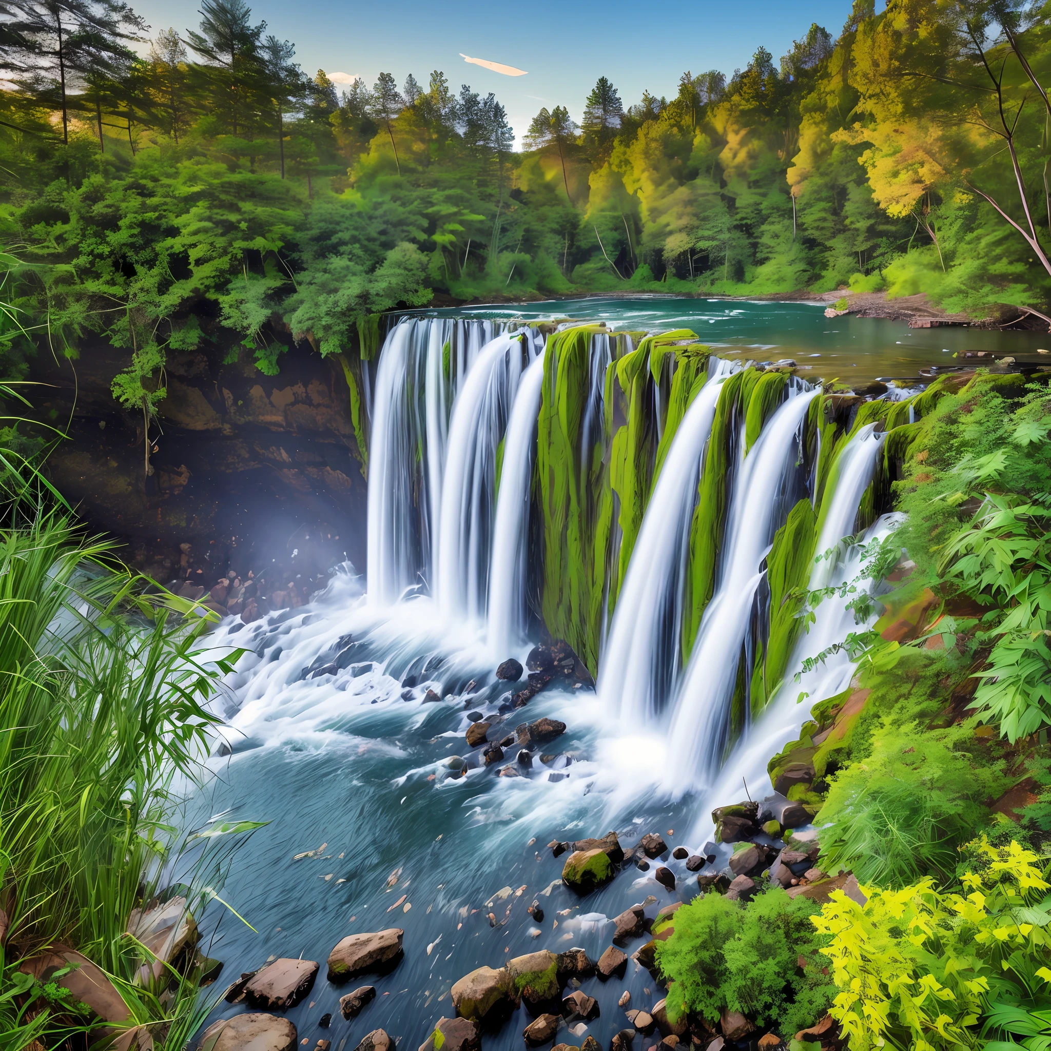 Create an awe-inspiring 4K 9:16 image of a mighty waterfall, where water cascades into a serene lake. The surrounding vegetation should be lush and display a variety of colors, conveying a sense of vitality and overcoming. --auto --s2