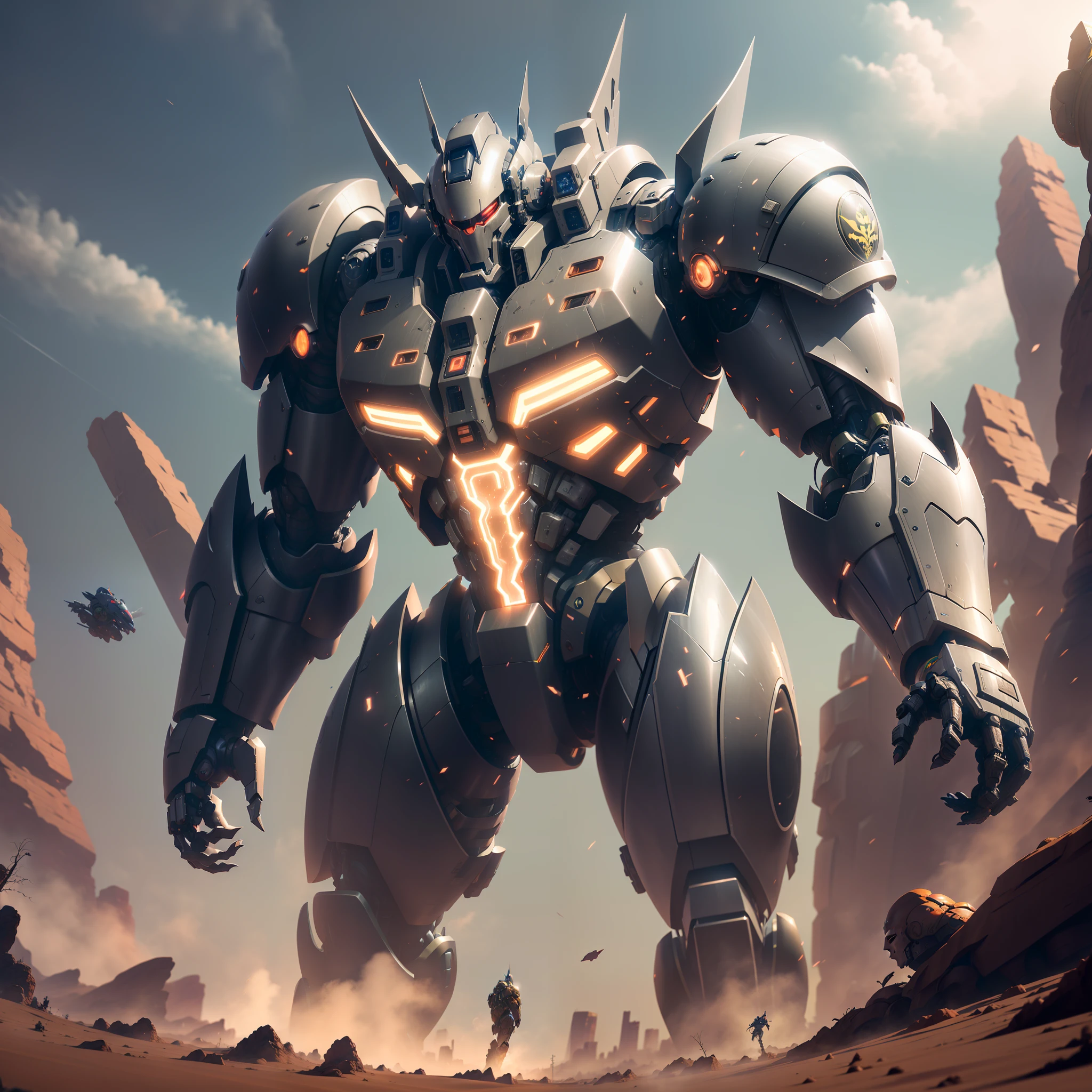 a giant mecha in action pose, close top view dark FANTASY, OCTANE RENDER, scifi movie scene, DRAMATIC LIGHTING, DIGITAL PAINTING, 4K, 8K, UNREAL ENGINE