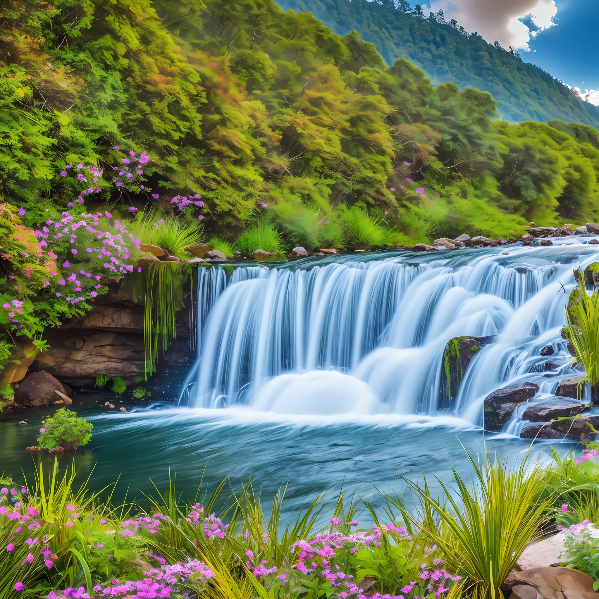 Create an awe-inspiring 4K 9:16 image of a mighty waterfall, where water cascades into a serene lake. The surrounding vegetation should be lush and display a variety of colors, conveying a sense of vitality and overcoming. --auto --s2