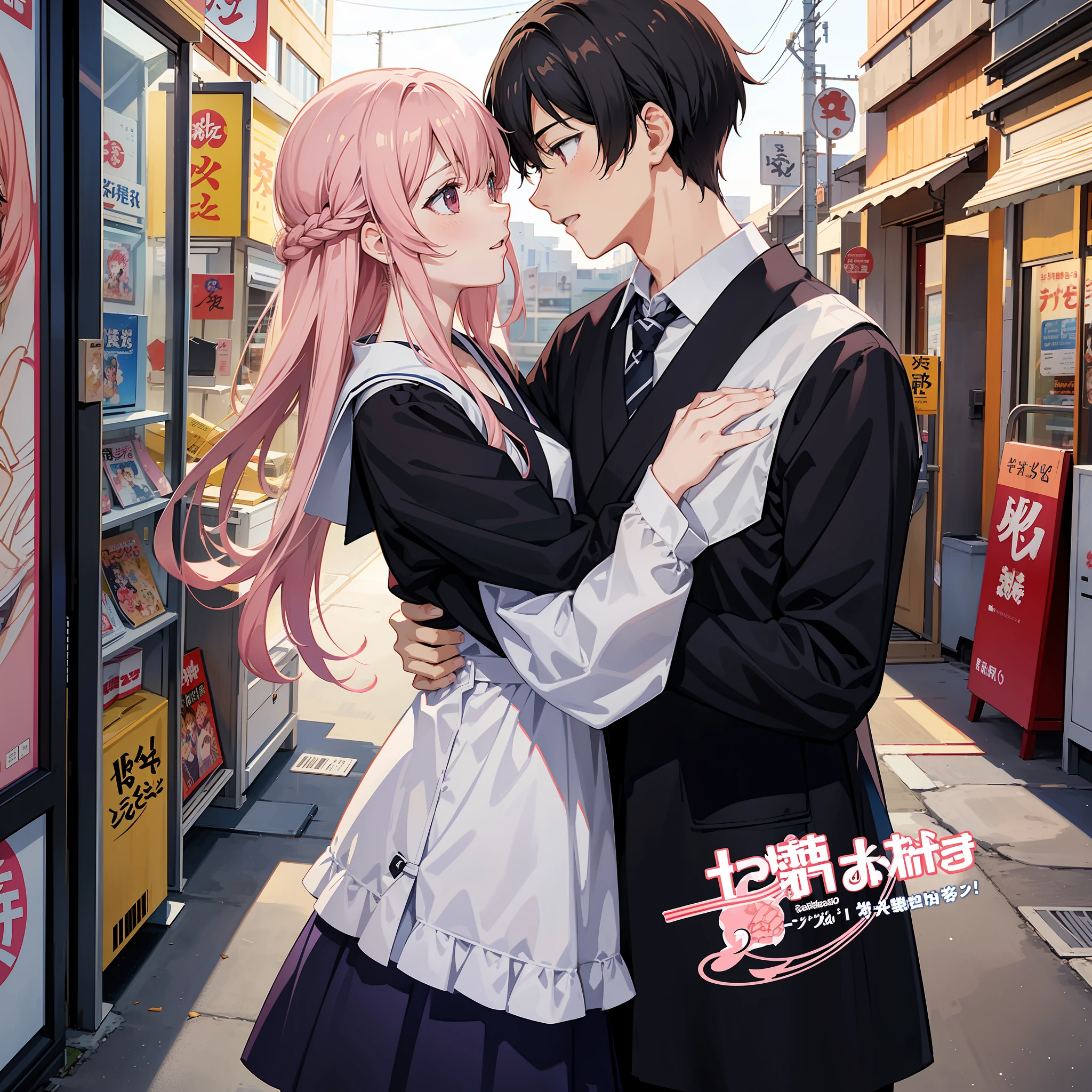 anime poster of a couple boy and girl hugging each other, japanese shoujo manga, shoujo manga, shojo manga, japanese light novel cover, light novel cover art, manga cover style