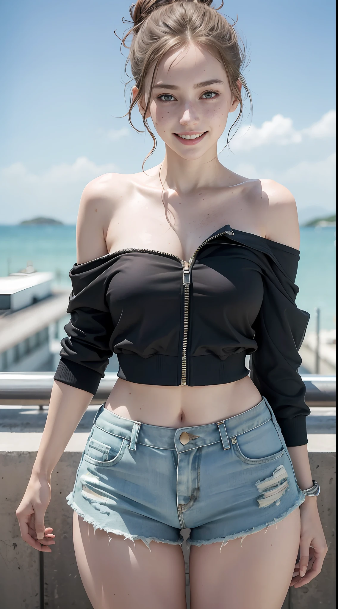Raw photo, candid, textured skin, (dynamic pose), 1girl, slender body, pale skin, messy bun, heterochromia, freckles, smiling, off-shoulder, (open zipper shorts:1), thick thighs, (wide thigh gap:1.2), rooftop, photorealistic, best quality, 8k, masterpiece