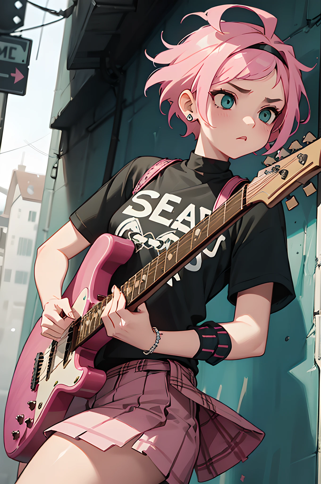 (masterpiece), (portrait), (aesthetic), (beautiful), (upper blody), (high quality), (aesthetic clothings), (professional angle), (rule of thirds), (Feminine), (woman), (female), (beautiful),(feminine features), (25 years), solo, 1 woman, (attractive Punk Girl), Winter, Dramatic light, ((Playing Guitar)), (Standing), Edgy Makeup, (Small bust), ((Electric Guitar)), (Front face), (Defiant expression), ((Rebellious)), (Leather Jacket and Tattoos), ((Short hair)), (Dyed (e.g. and Pink) hair), (Spiky hair), (Thick hair), Matte shine hair, (Studded Hairband in hair), (Green eyes), (Bold and Daring look), (Pale skin), (Dark Colors clothing), (Band T-Shirt), (Ripped Jeans), (-), Crew Neck neckline), ((Urban Alley background)), (Close-up Shot), beautiful hands, two hands, normal hands, two arms, complete hands, beautiful body, beautiful fingers, normal fingers, five fingers, five fingers, (Thumb index meddle ring little fingers), beautiful ears, normal ears, beautiful eyes, shiny eyes, beautiful mouth, beautiful lips,