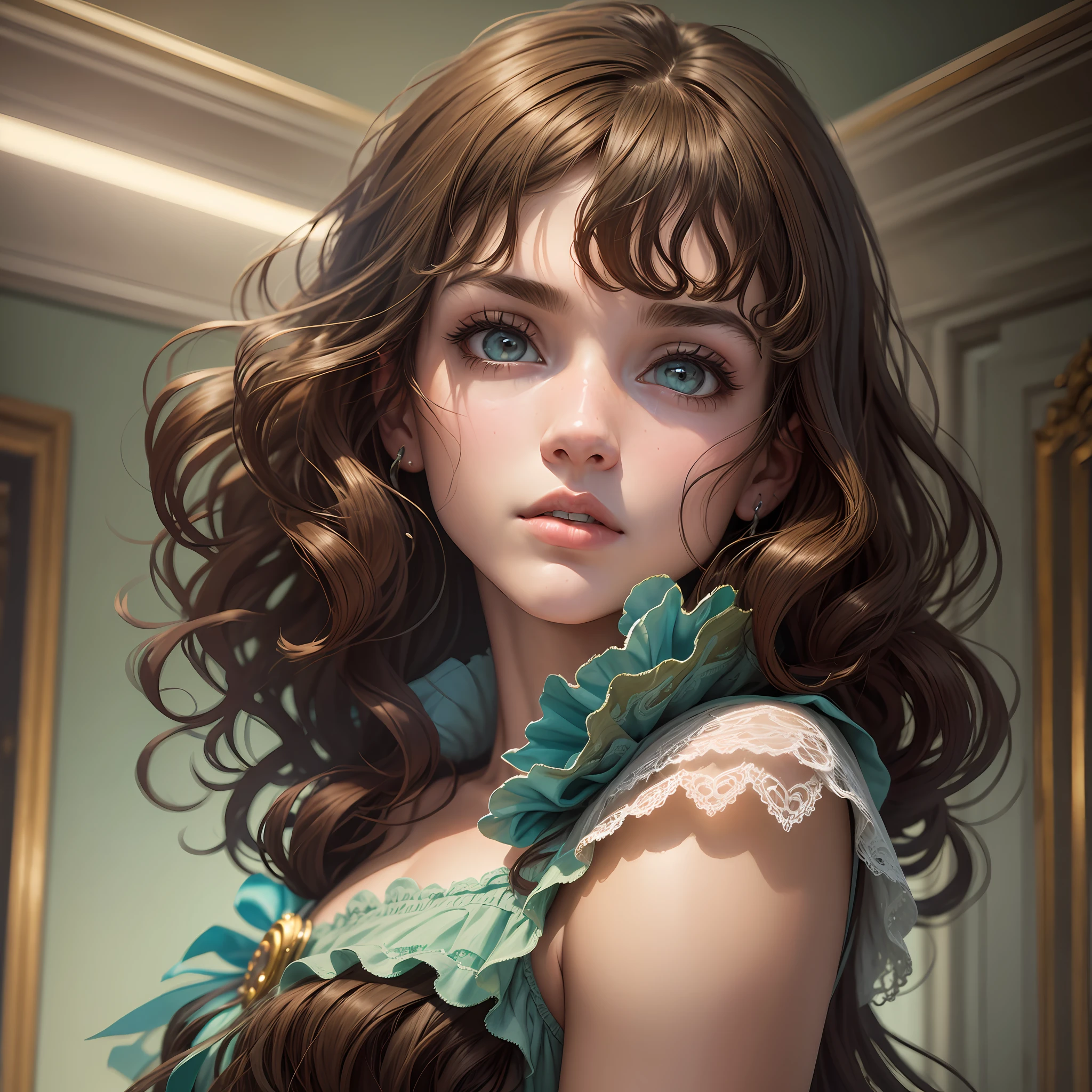 An 18-year-old girl, all body, brown hair, bangs, curly hair, aqua eyes, rococo style, modern, chiaroscuro, cinematic lighting, masterpiece, super detail --auto --s2