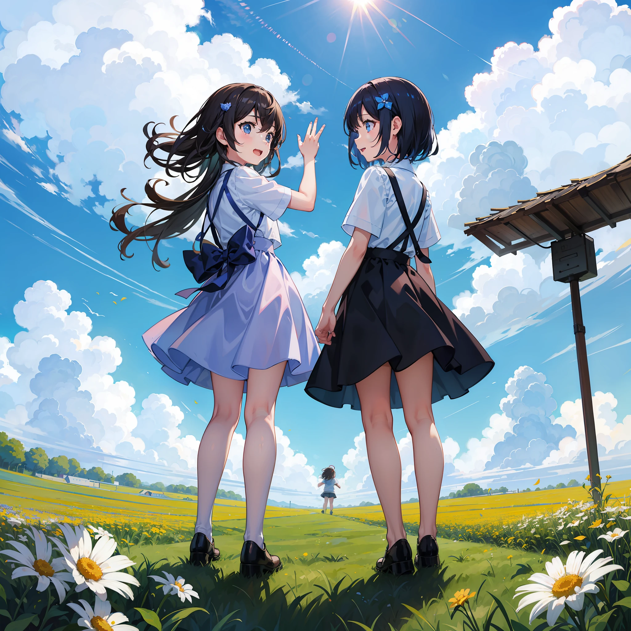 Three children play together in flower field, two girls one boy, blue sky, laugh together