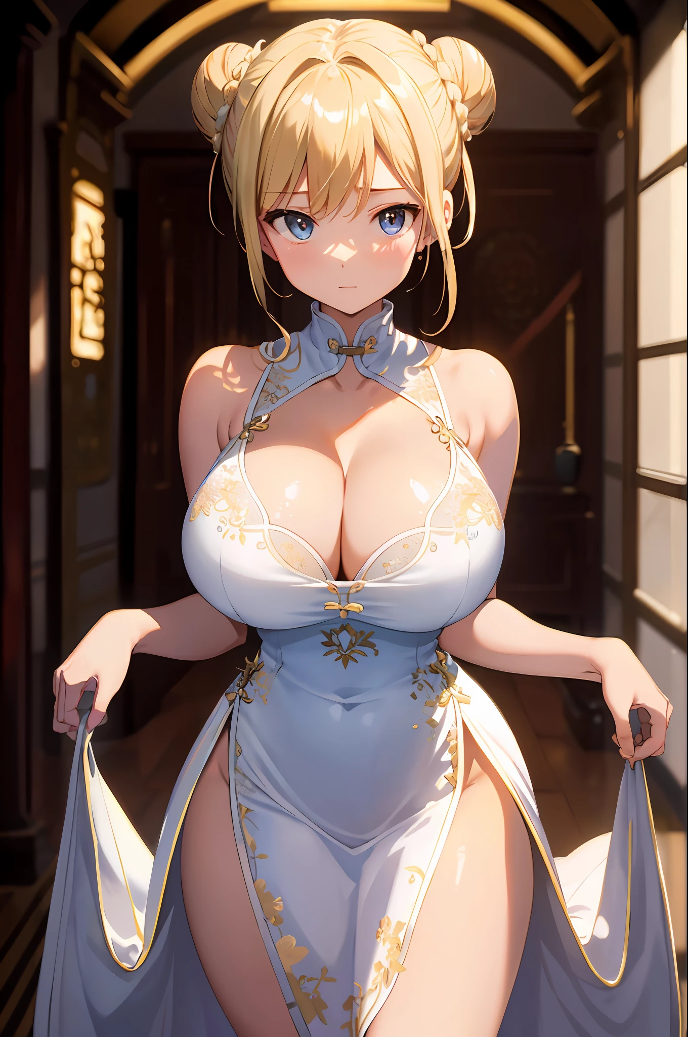 masterpiece, best quality, finely detailed, high resolution, extremely delicate and beautiful, Volumetric Lighting, Best Shadows, Shallow Depth of Field, 1girl, blonde, (huge breasts), Double Hair Bun, (china dress:1.2), (cleavage), pelvis curtain, (wide hips)