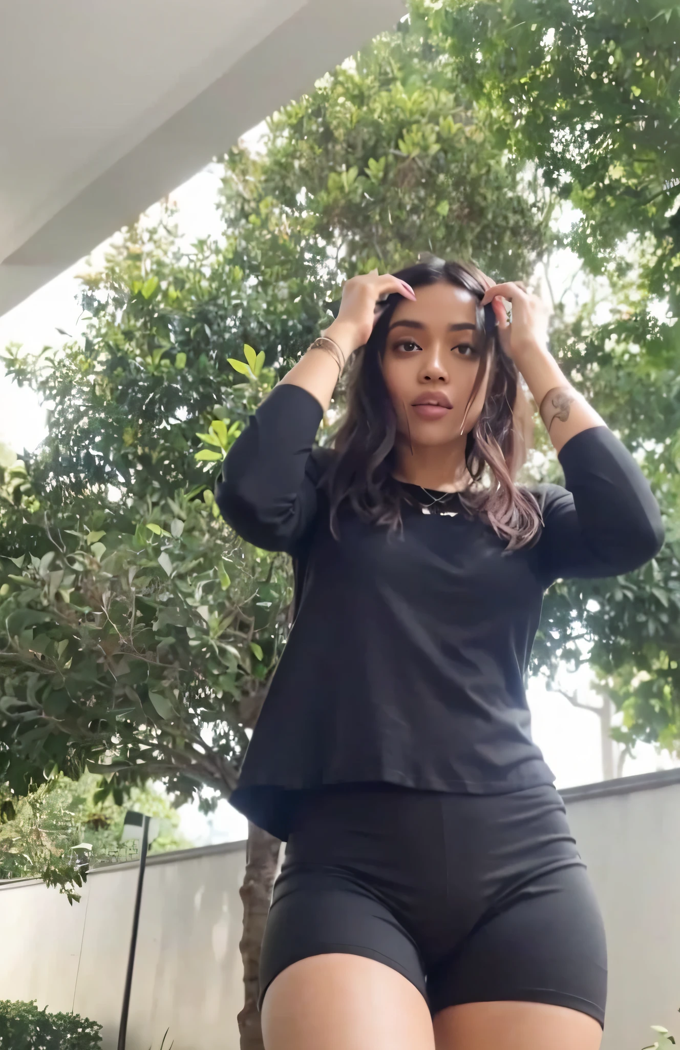 A closeup of a woman in a short black shirt and shorts, an ahoge standing on her head, low-quality video, TikTok video, YouTube video screenshot, showing her face, she's facing the camera, striking a raunchy pose, low-quality footage, video still, blunt bangs fall on her forehead, Cardi B, front pose, extremely hot and sexy outfit, tight, thick thighs