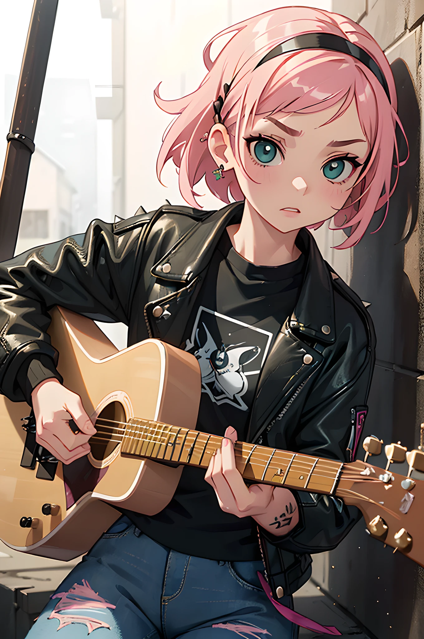 (masterpiece), (portrait), (aesthetic), (beautiful), (upper blody), (high quality), (aesthetic clothings), (professional angle), (rule of thirds), (Feminine), (woman), (female), (beautiful),(feminine features), (25 years), solo, 1 woman, (attractive Punk Girl), Winter, Dramatic light, ((Playing Guitar)), (Standing), Edgy Makeup, (Small bust), ((Electric Guitar)), (Front face), (Defiant expression), ((Rebellious)), (Leather Jacket and Tattoos), ((Short hair)), (Dyed (e.g. and Pink) hair), (Spiky hair), (Thick hair), Matte shine hair, (Studded Hairband in hair), (Green eyes), (Bold and Daring look), (Pale skin), (Dark Colors clothing), (Band T-Shirt), (Ripped Jeans), (-), Crew Neck neckline), ((Urban Alley background)), (Close-up Shot), beautiful hands, two hands, normal hands, two arms, complete hands, beautiful body, beautiful fingers, normal fingers, five fingers, five fingers, (Thumb index meddle ring little fingers), beautiful ears, normal ears, beautiful eyes, shiny eyes, beautiful mouth, beautiful lips,
