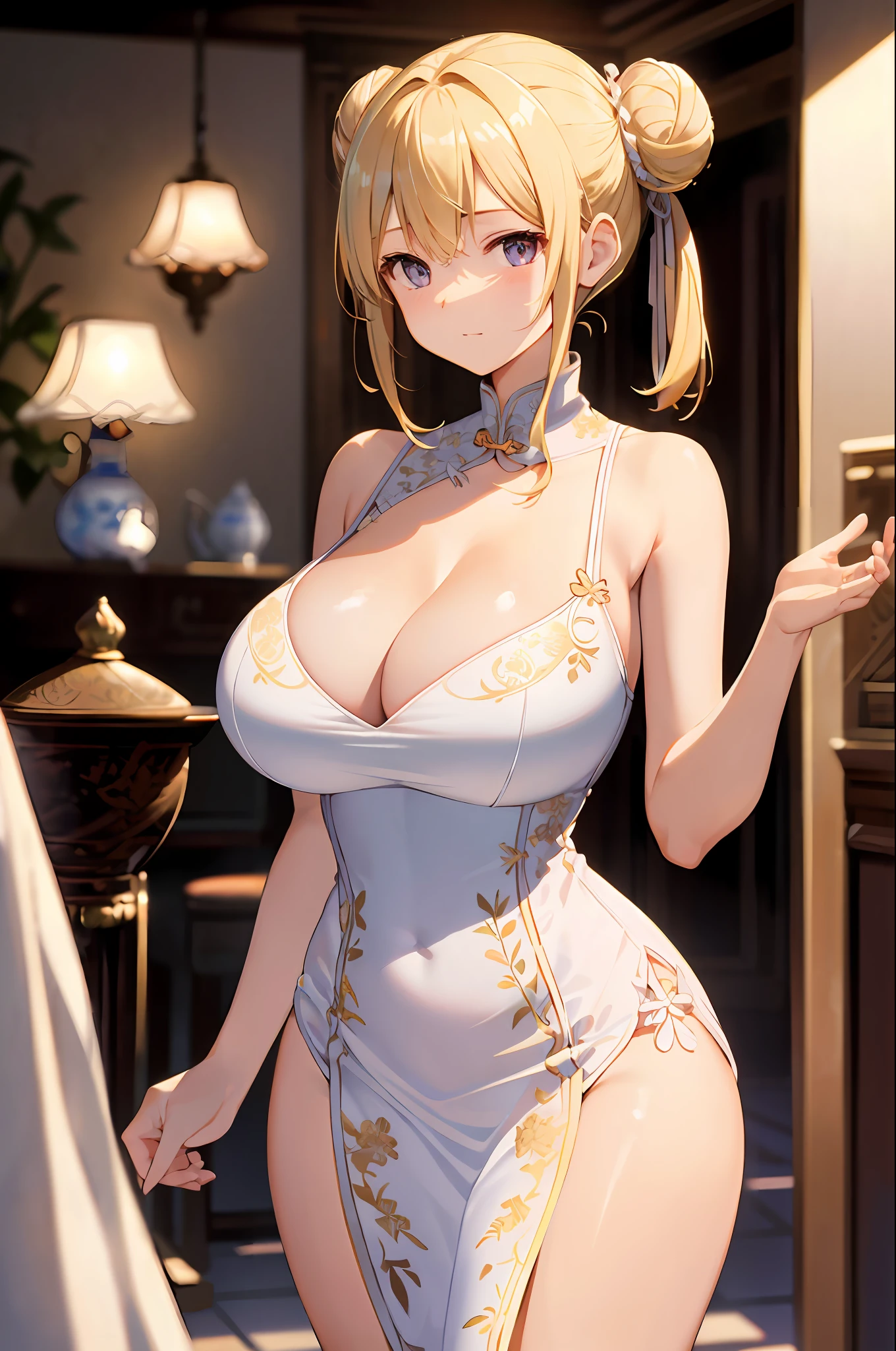 masterpiece, best quality, finely detailed, high resolution, extremely delicate and beautiful, Volumetric Lighting, Best Shadows, Shallow Depth of Field, 1girl, blonde, (huge breasts), Double Hair Bun, (china dress:1.2), (cleavage), pelvis curtain, (wide hips)