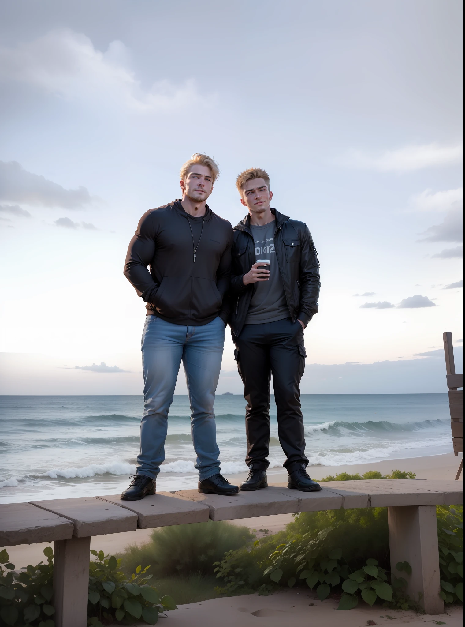 "Imagine a photo of two men on the beach, captured with a Canon EOS 5D Mark IV with an aperture of f/1.8, shutter speed of 1/200 and ISO 100. The first man is tall, with short brown hair and blue eyes, and has an athletic physique. He's smiling at the camera, with an expression of joy and relaxation. The second man is shorter, with blond hair and green eyes, and has a muscular physique. He's looking at the first man, with an expression of amusement and camaraderie. Both are shirtless, revealing their fit bodies. The scene should look as if it were captured with a high-quality DSLR camera, in an ultra-photorealistic style with intricate detail and a depth of field effect --chaos 1 --hd --ar 16:9 --iw:3 --no glasses."