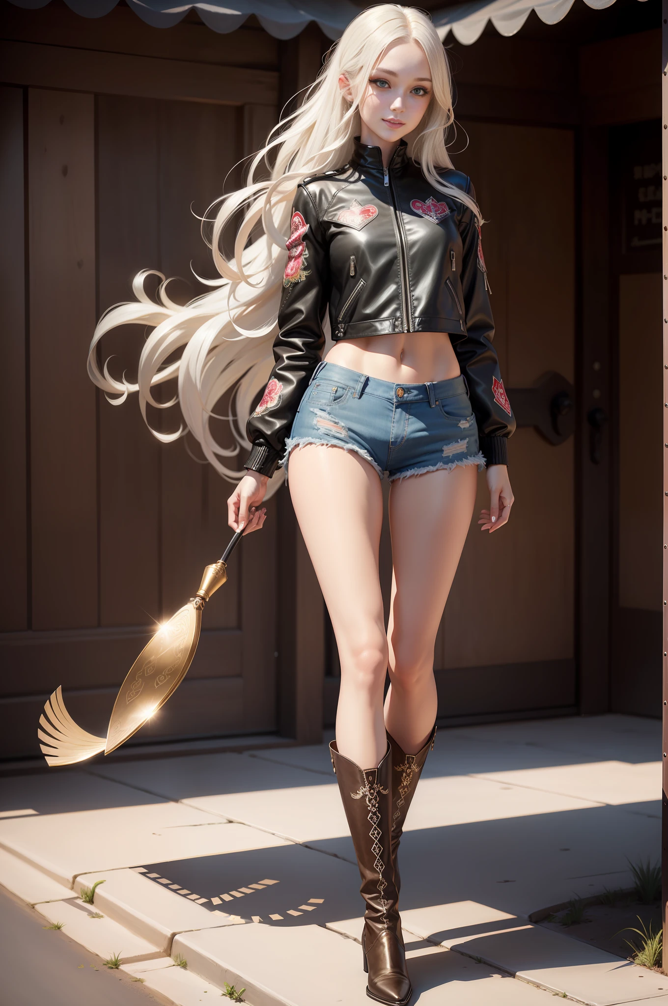 saika1, white pointed embroidered cowboy boots, black cropped leather jacket, denim shorts, full body, masterpiece, best quality, realistic, realistic, super detailed, photo, realistic, best quality, beautiful sexy woman, long hair, smile, melon seed face, perfect body ratio, tall figure, long legs, golden ratio body, beautiful appearance, beautiful big eyes, 9 head body, eye shadow.